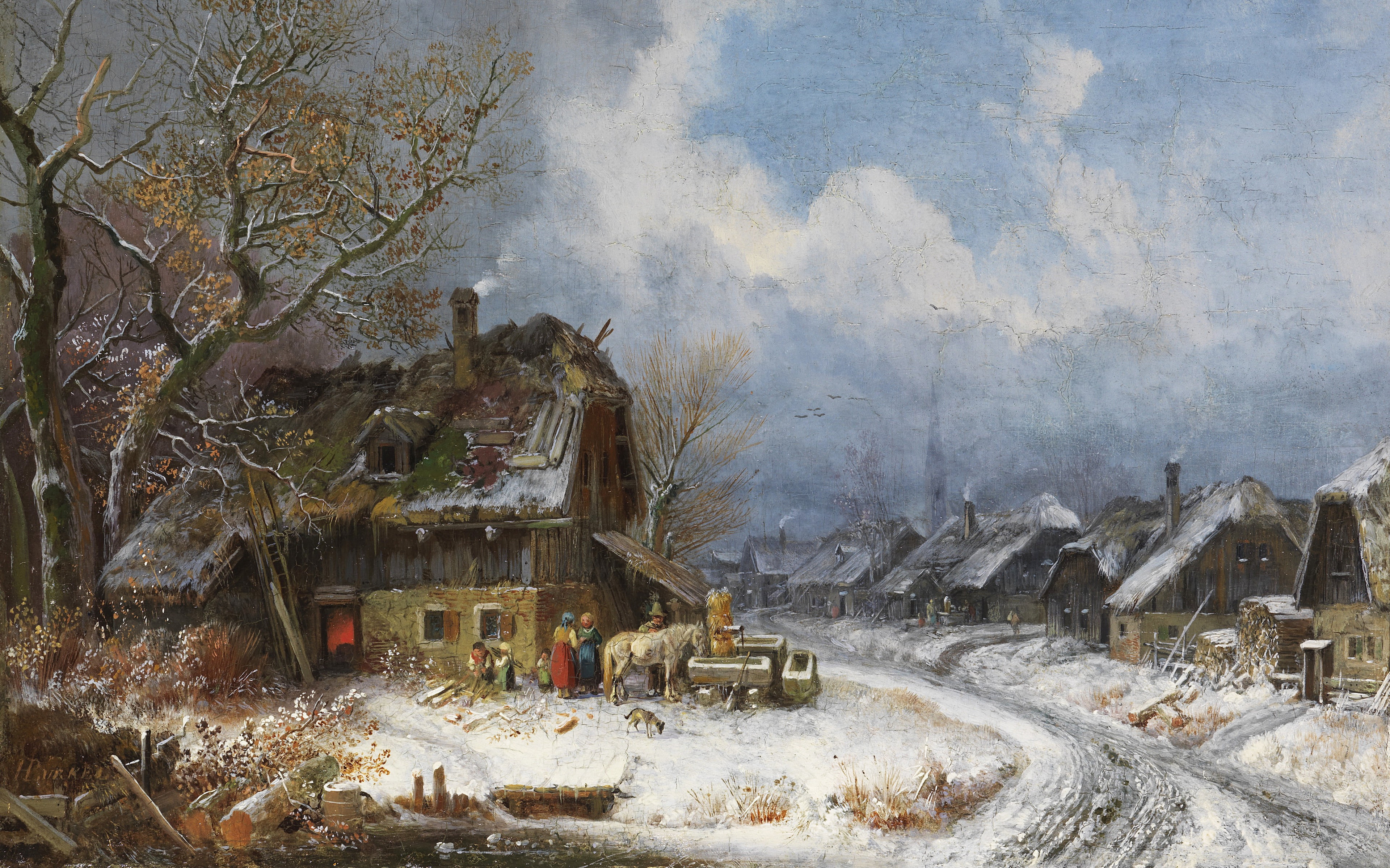 Wintry village, German genre and landscape painter, 1845, oil on canvas, the German genre and landscape painter, Heinrich Bürkel, Winter Village, 4K, Henry, HD Wallpaper