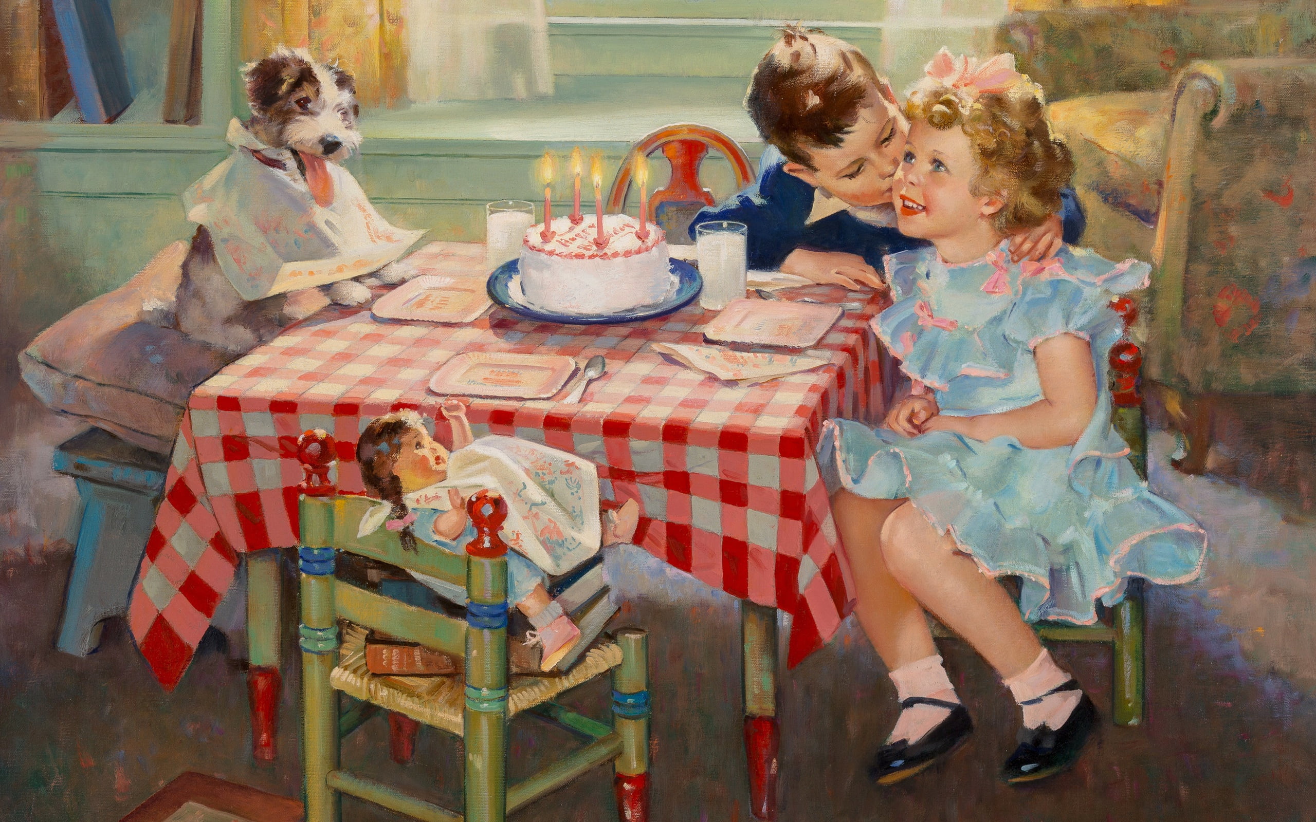 2K, Birthday Kisses, Kiss on birthday, American artist, Frederick Sands Brunner, American painter, oil on canvas, HD Wallpaper