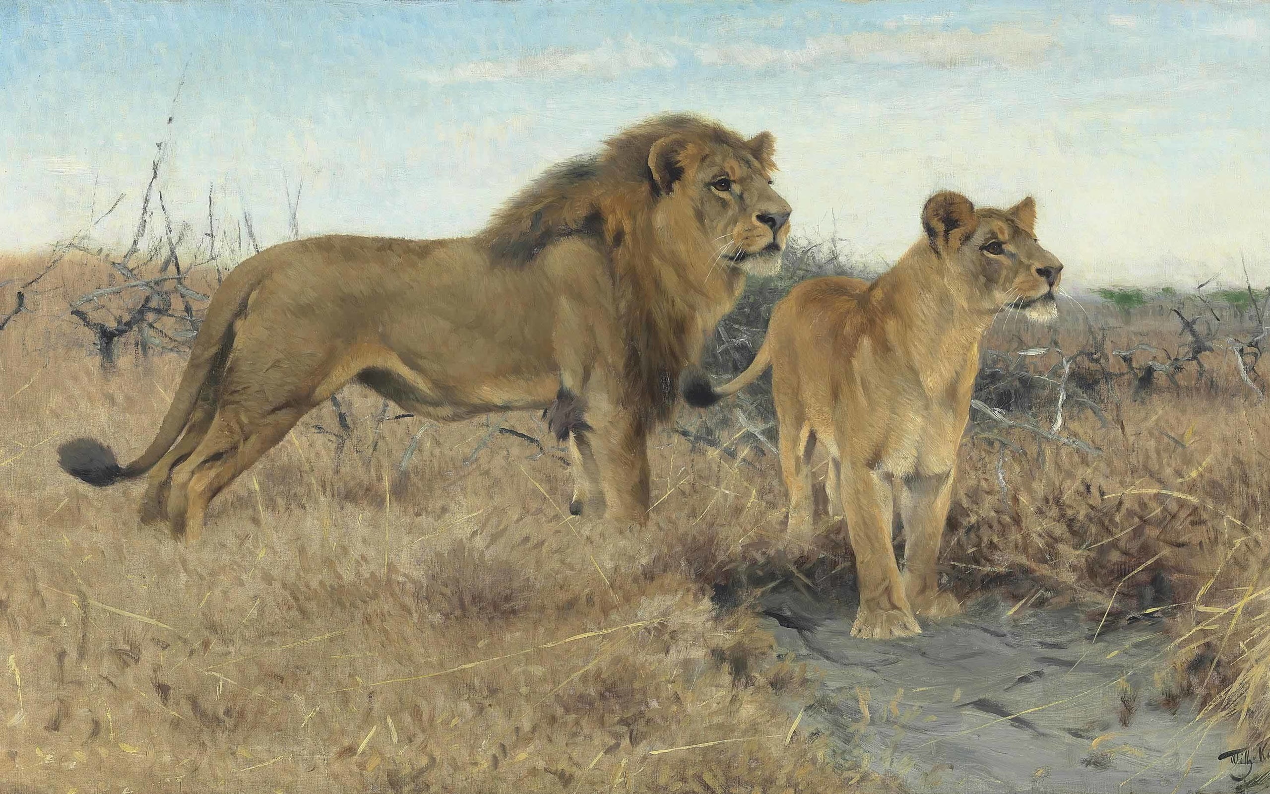 2K, German painter, Lions on the plains of Africa, Friedrich Wilhelm Kuhnert, 1922, Friedrich Wilhelm Kunert, Lions on the African plains, HD Wallpaper