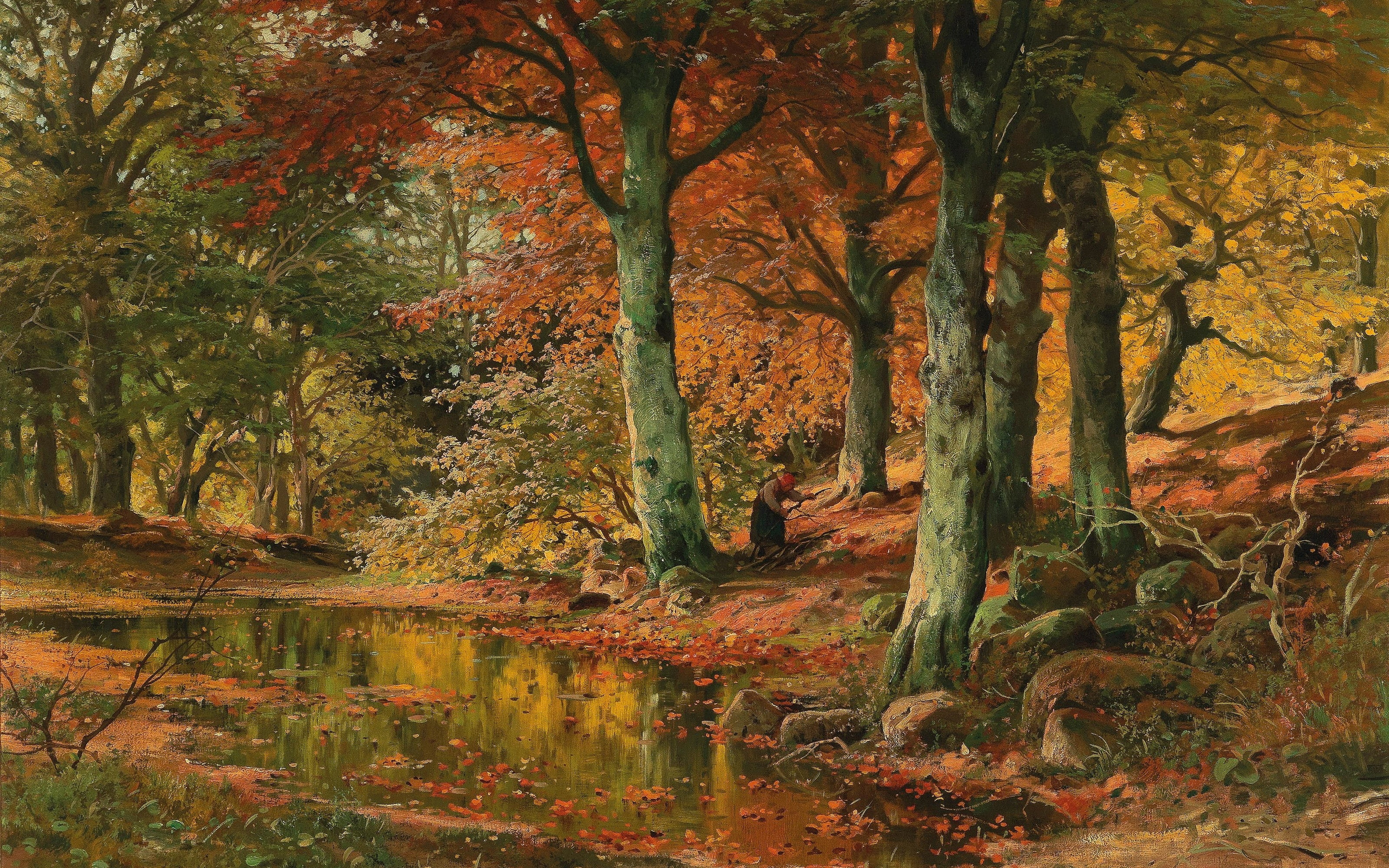 oil on canvas, Alois Arnegger, Forest landscape in autumn, Woodland Landscape in Autumn, 2K, Austrian painter, HD Wallpaper