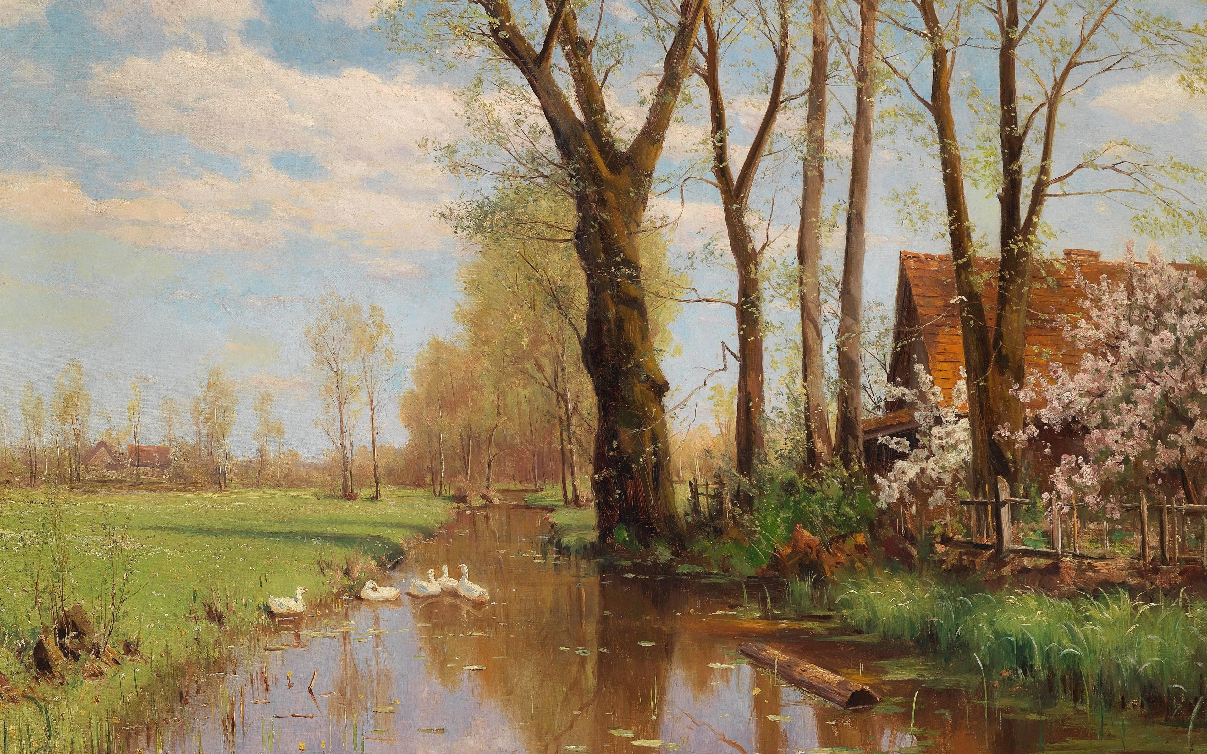 4K, Walter Moras, German painter, German landscape painter, Magnificent spring landscape with flowering bushes, Gorgeous spring landscape with flowering bushes, HD Wallpaper