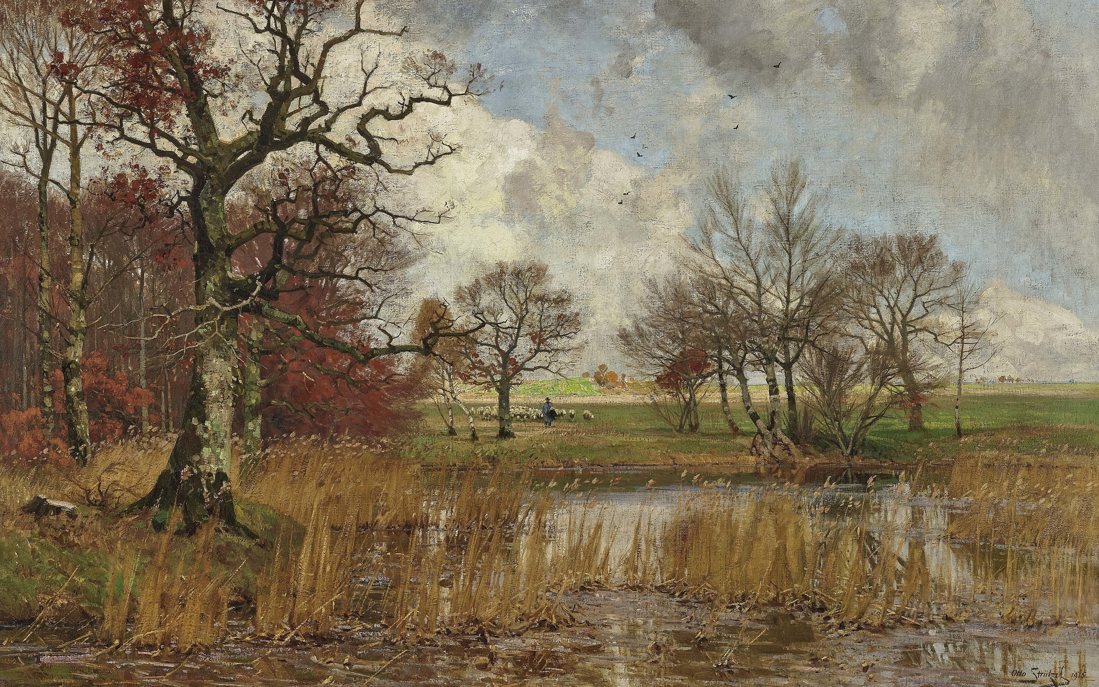 Otto Strützel, 4K, Otto Strutzel, oil on canvas, 1915, German painter, Leopold Otto Strützel, Leopold Otto Strutzel, Autumn Landscape with Shepherds, HD Wallpaper