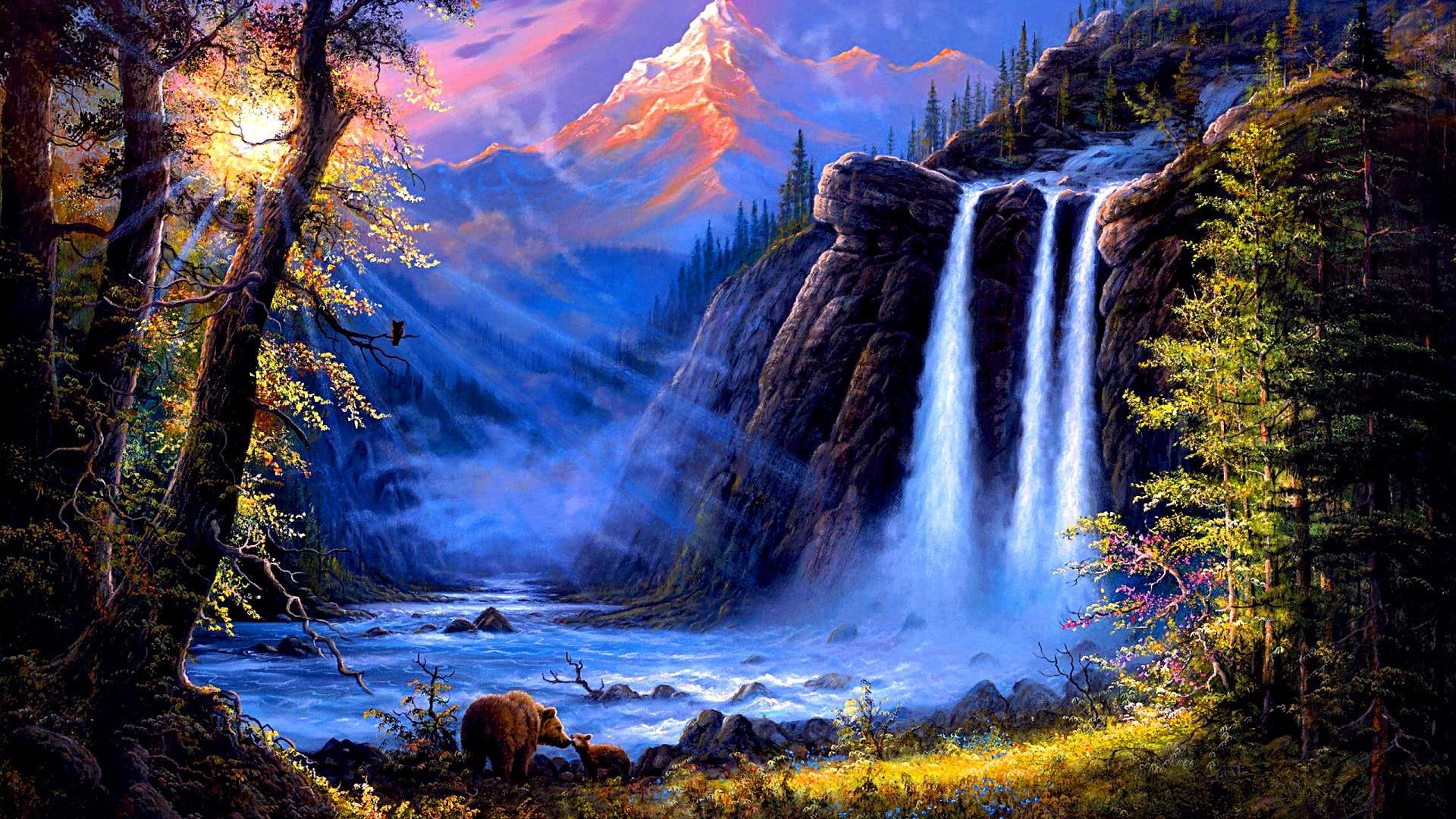 fantasy, canvas, bear, 1080P, oil, wildlife, the falls, HD Wallpaper