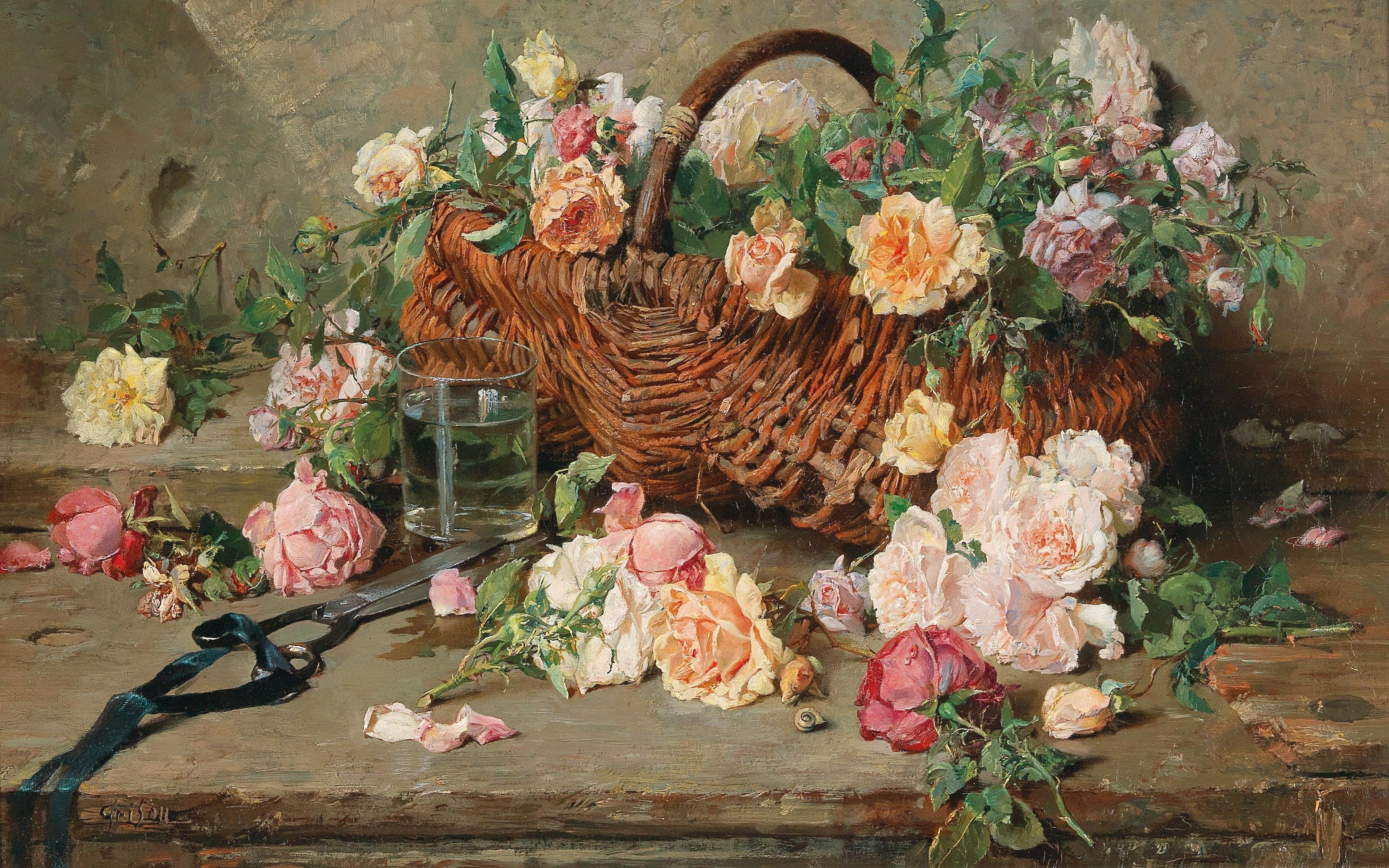 Francois Adolphe Grison, Still life of roses with basket, Still life of roses with a basket, 2K, oil on canvas, French painter, François-Adolf Griso, HD Wallpaper