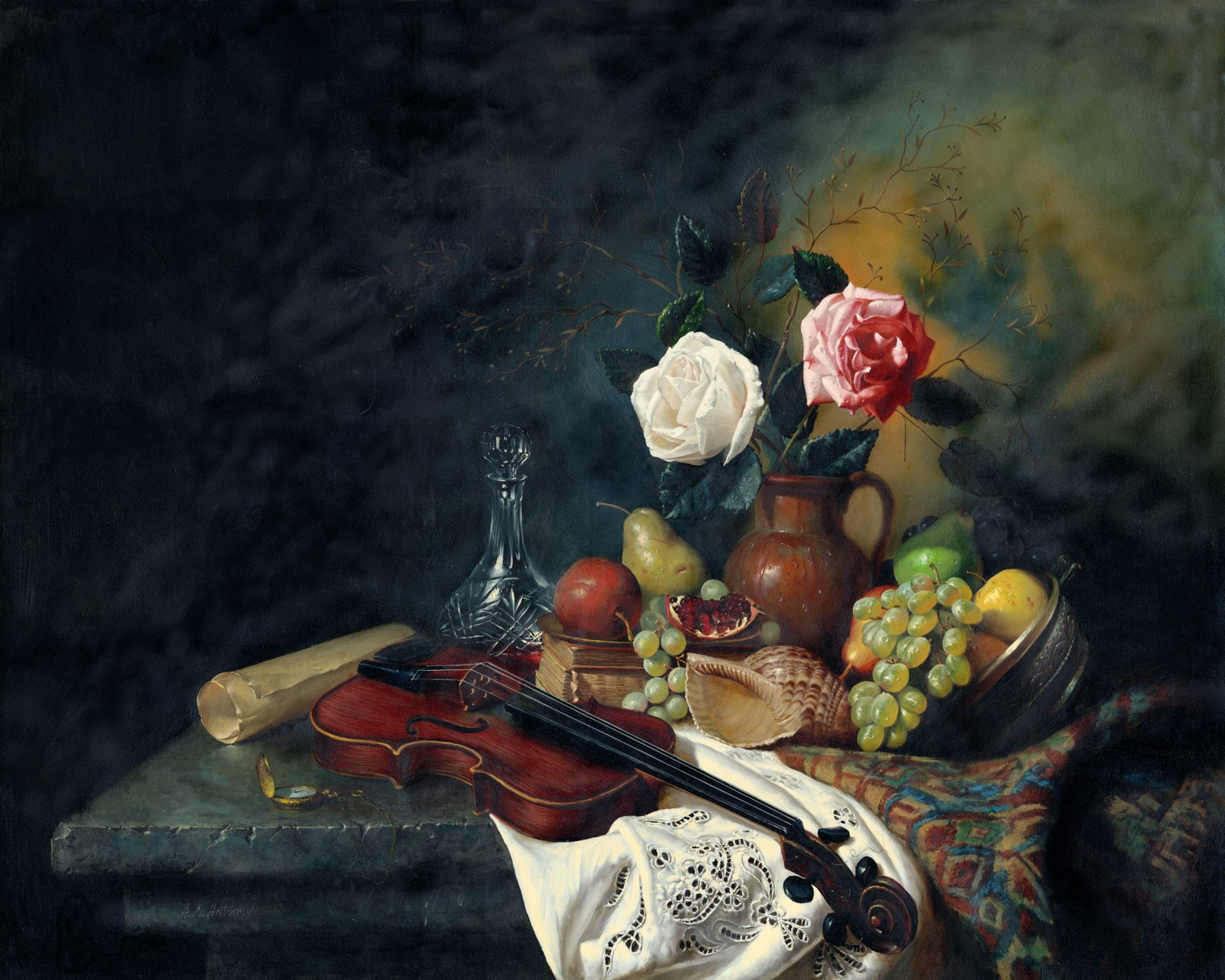 Violin, 1080P, Colorful, Artistic, Still Life, Vase, Flower, Fruit, Painting, HD Wallpaper