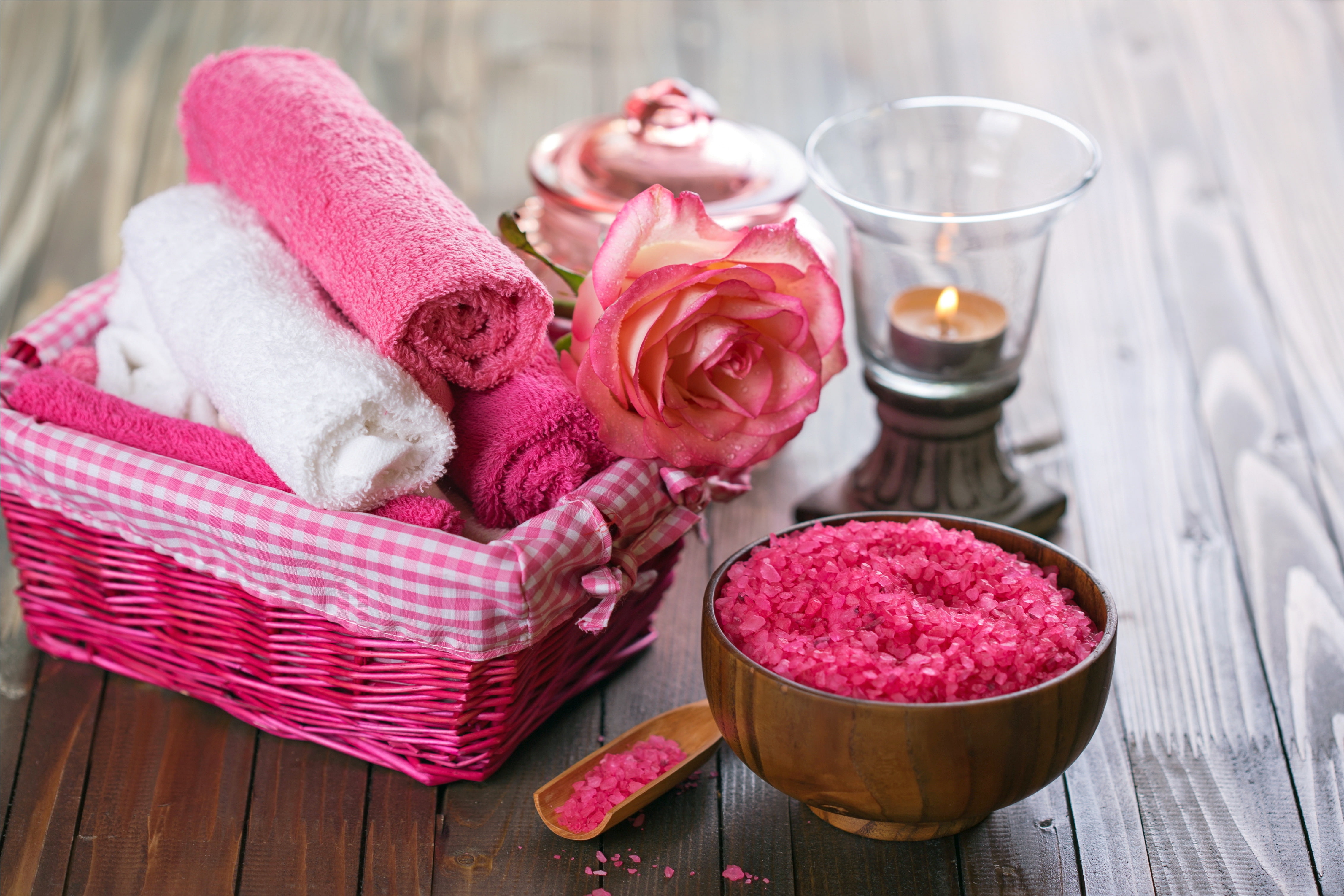 candles, salt, still life, 4K, flowers, wellness, Spa, relax, oil, towel, HD Wallpaper