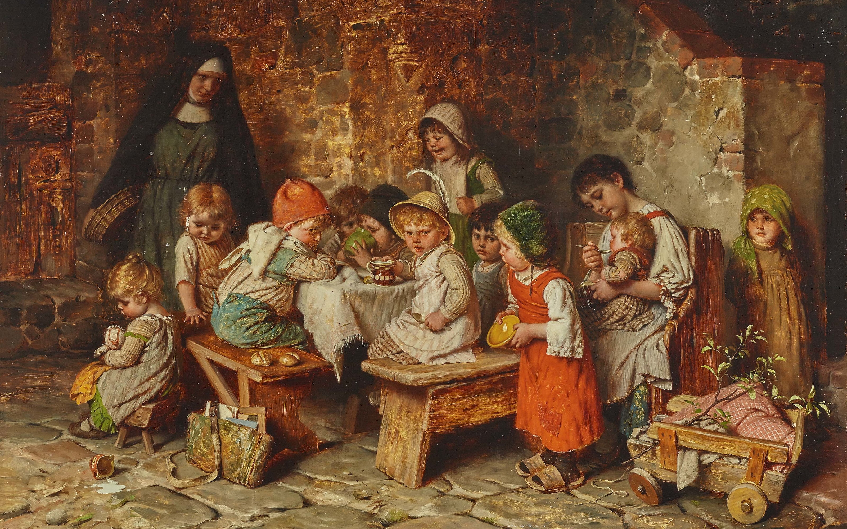 Munich School, 2K, Hermann von Kaulbach, oil on panel, Children eat in the monastery, Children Eating in a Monastery, German painter, The Munich school, HD Wallpaper