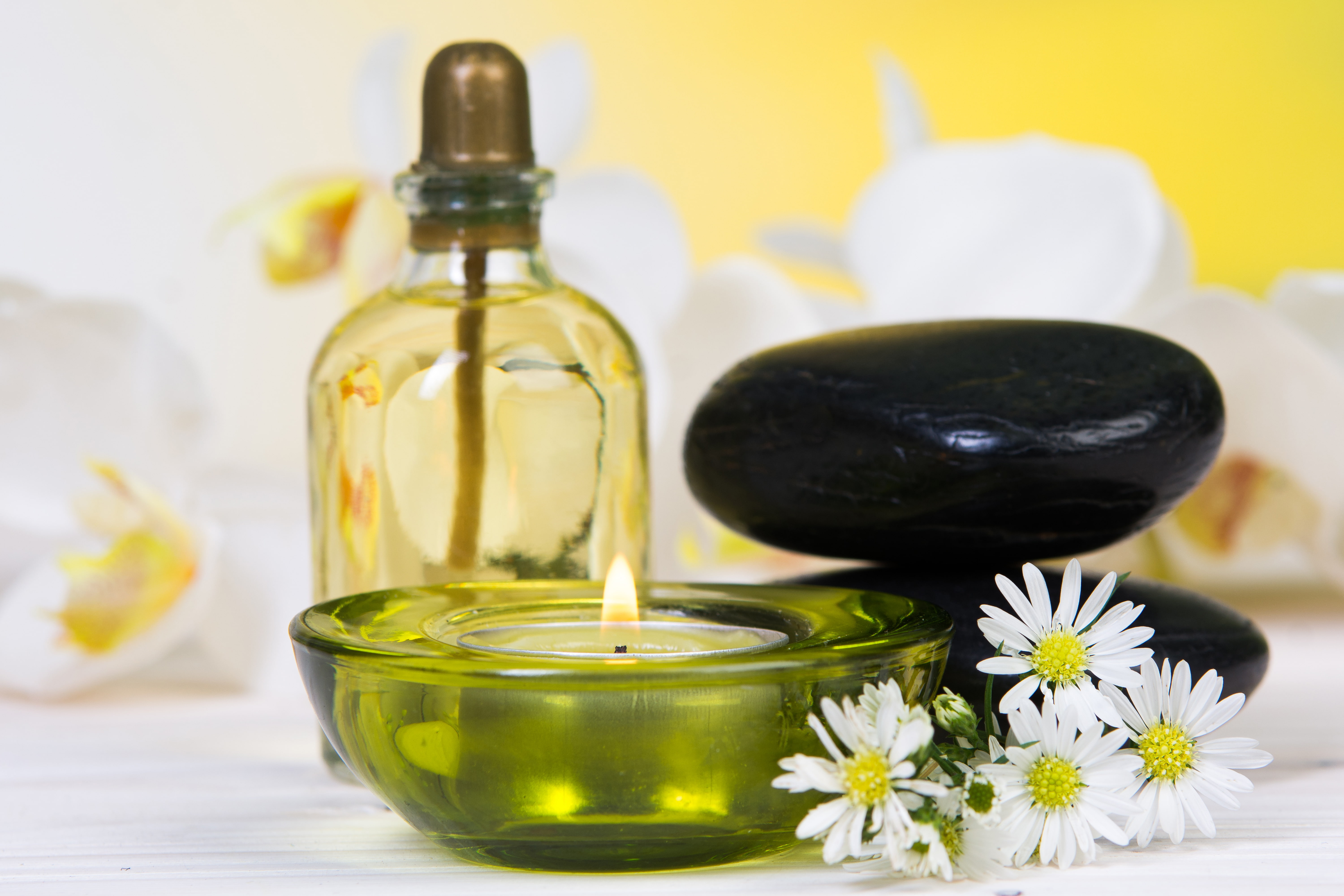 relax, candles, still life, oil, stones, wellness, Spa, chamomile, 5K, HD Wallpaper