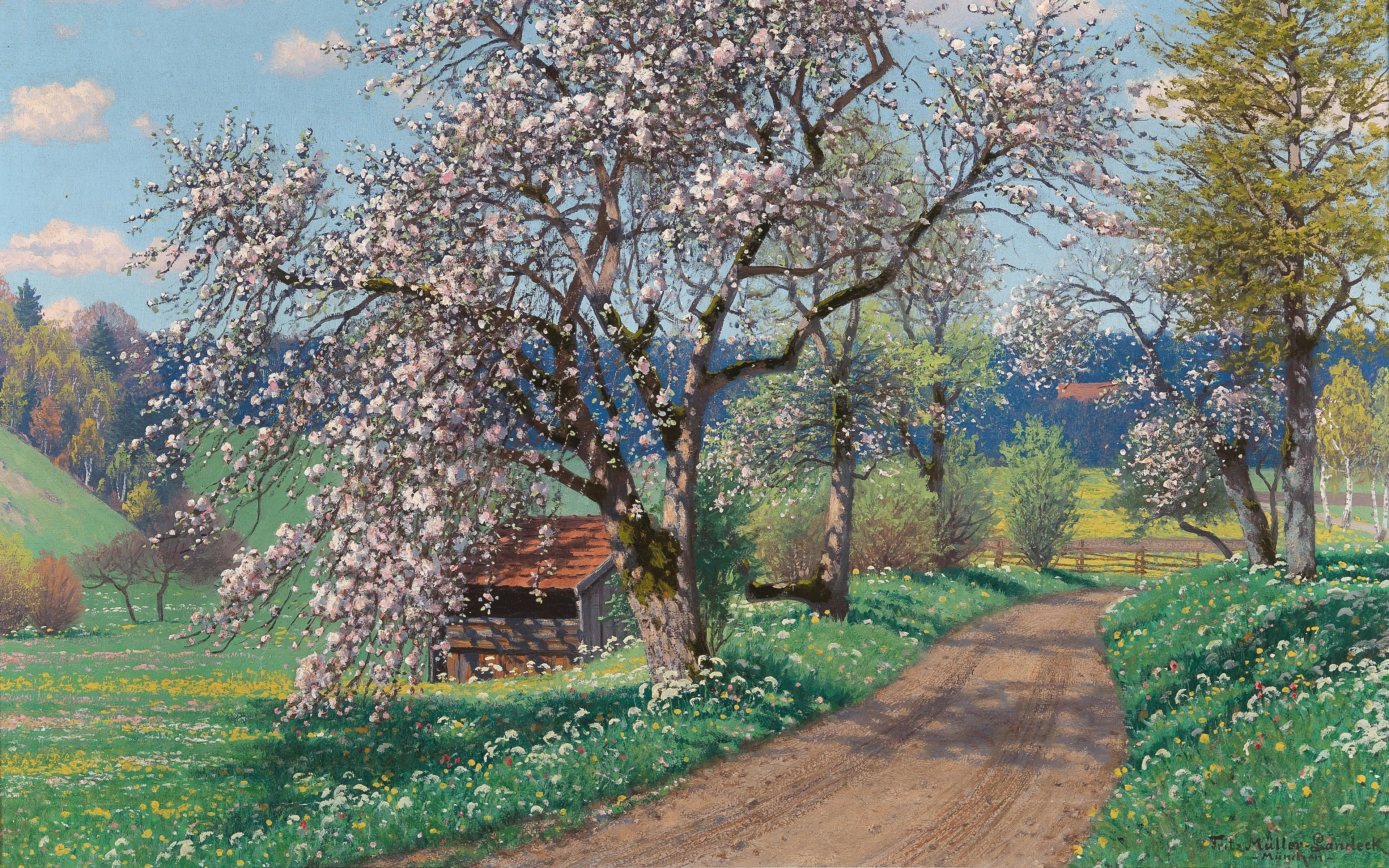 Morning in Chiemgau, oil on canvas, 4K, Fritz Müller-Landeck, A Spring Day, Spring day, German painter, May morning in the Chiemgau, Morning in the Chiemgau, HD Wallpaper
