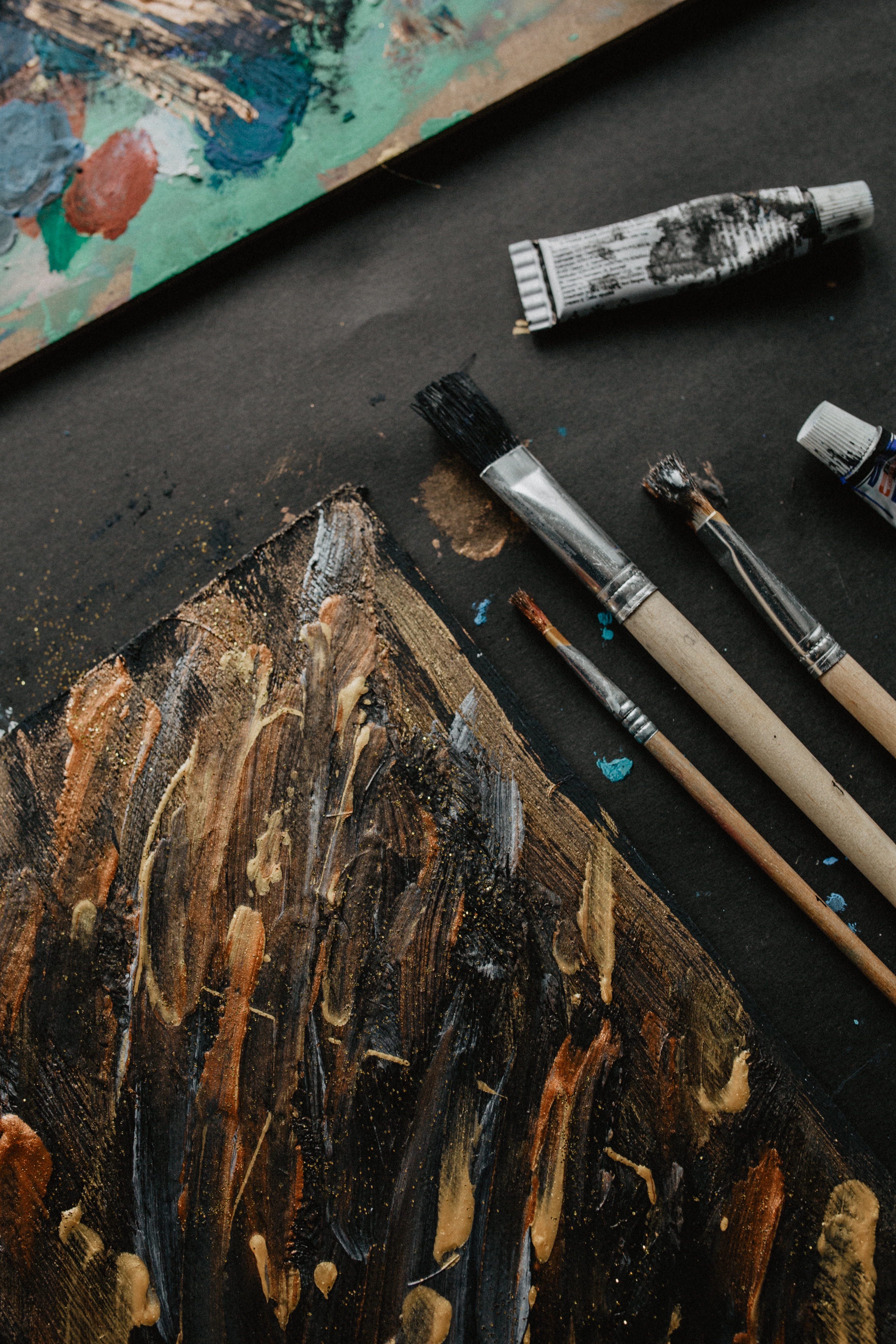 brush, close-up, painting, craft, paint, art and craft equipment, paintbrush, palette, large group of objects, indoors, brushes, painter, table, artist, Phone HD Wallpaper