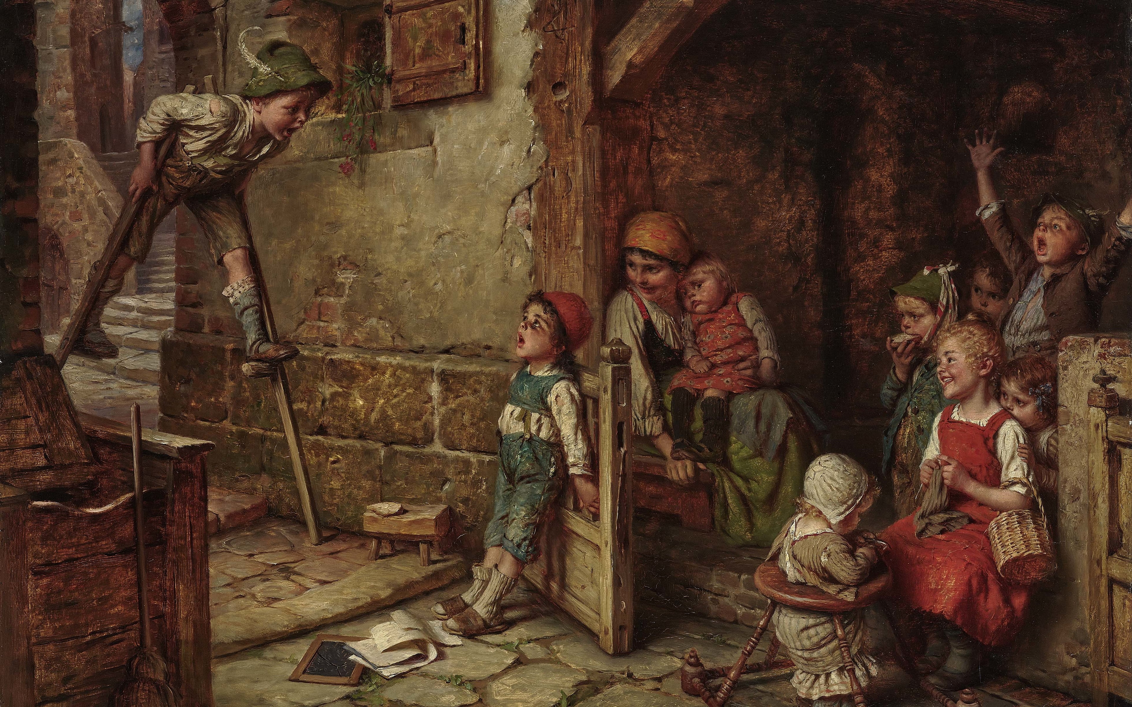 Munich School, The Stilt Walker, oil on panel, German painter, 4K, Hermann von Kaulbach, The Stilt, The Munich school, Boy on stilts, HD Wallpaper