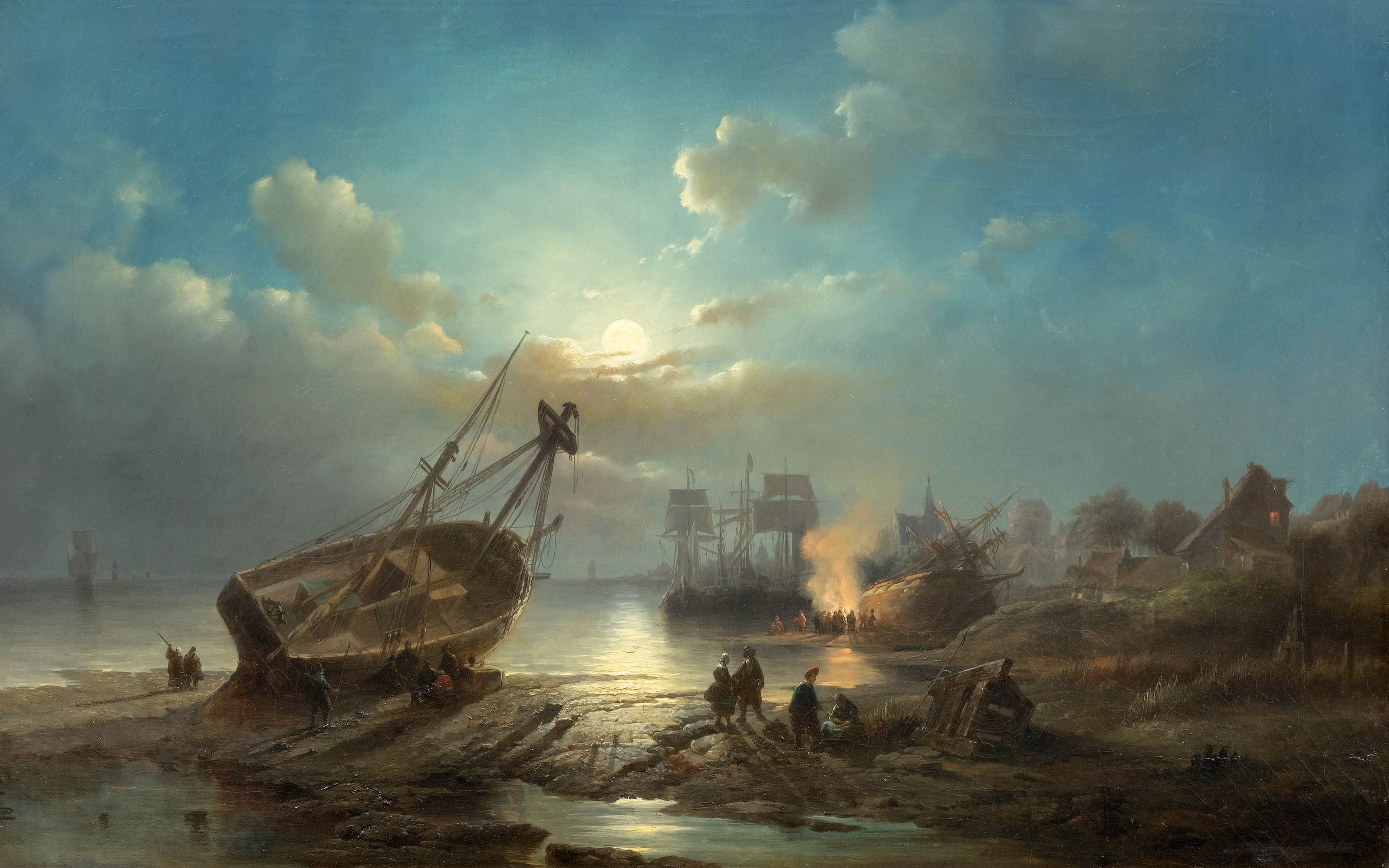 Night work in the Docks, oil on canvas, Working in the Docks at Night, 2K, Belgian painter, Henri Adolphe Sheep, Henri Adolphe Schaep, Night work at the docks, HD Wallpaper