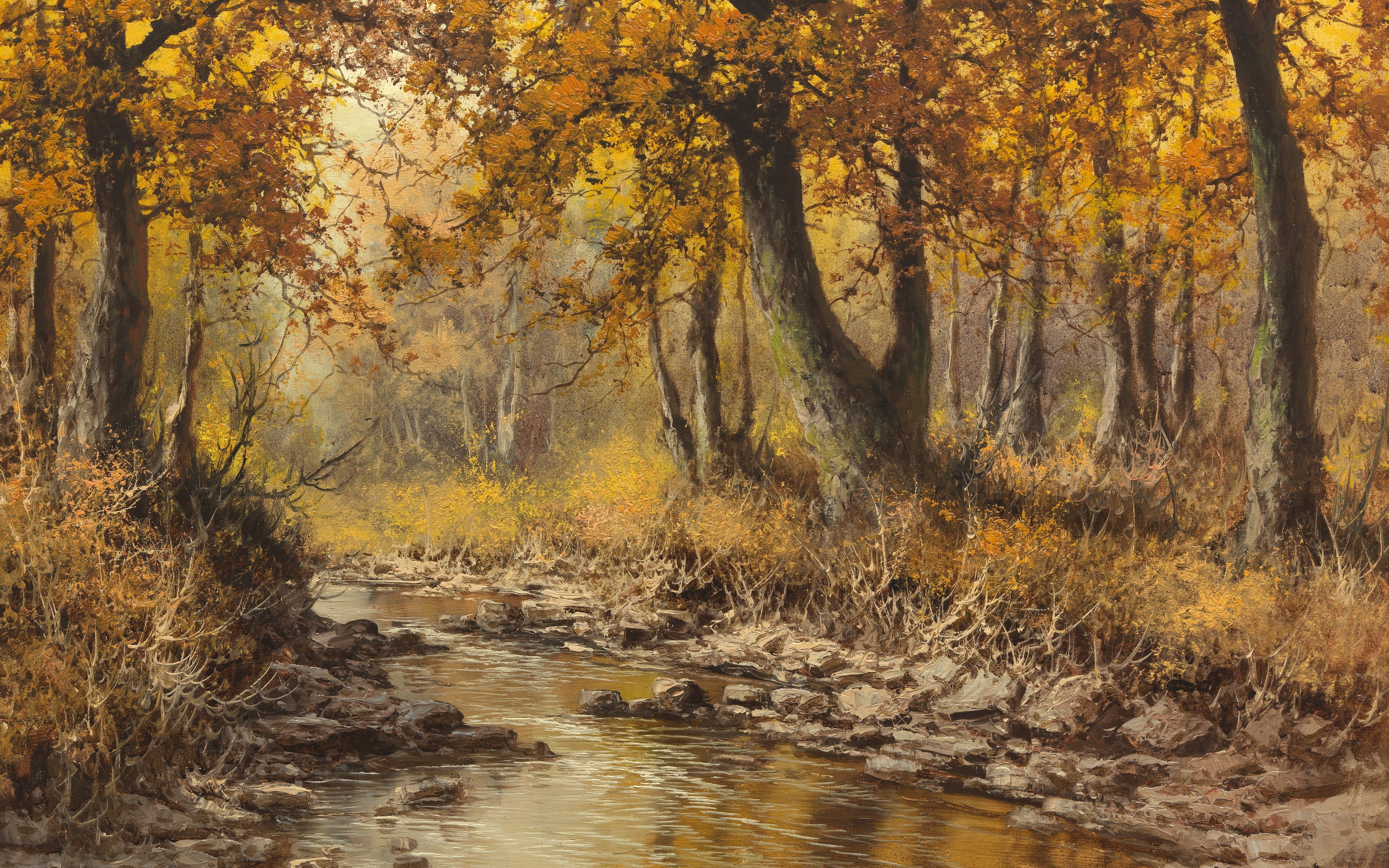 Autumn landscape with river, Laszlo Nogradi, vengerskii painter, Laszlo Neogrady, 5K, Hungarian painter, HD Wallpaper