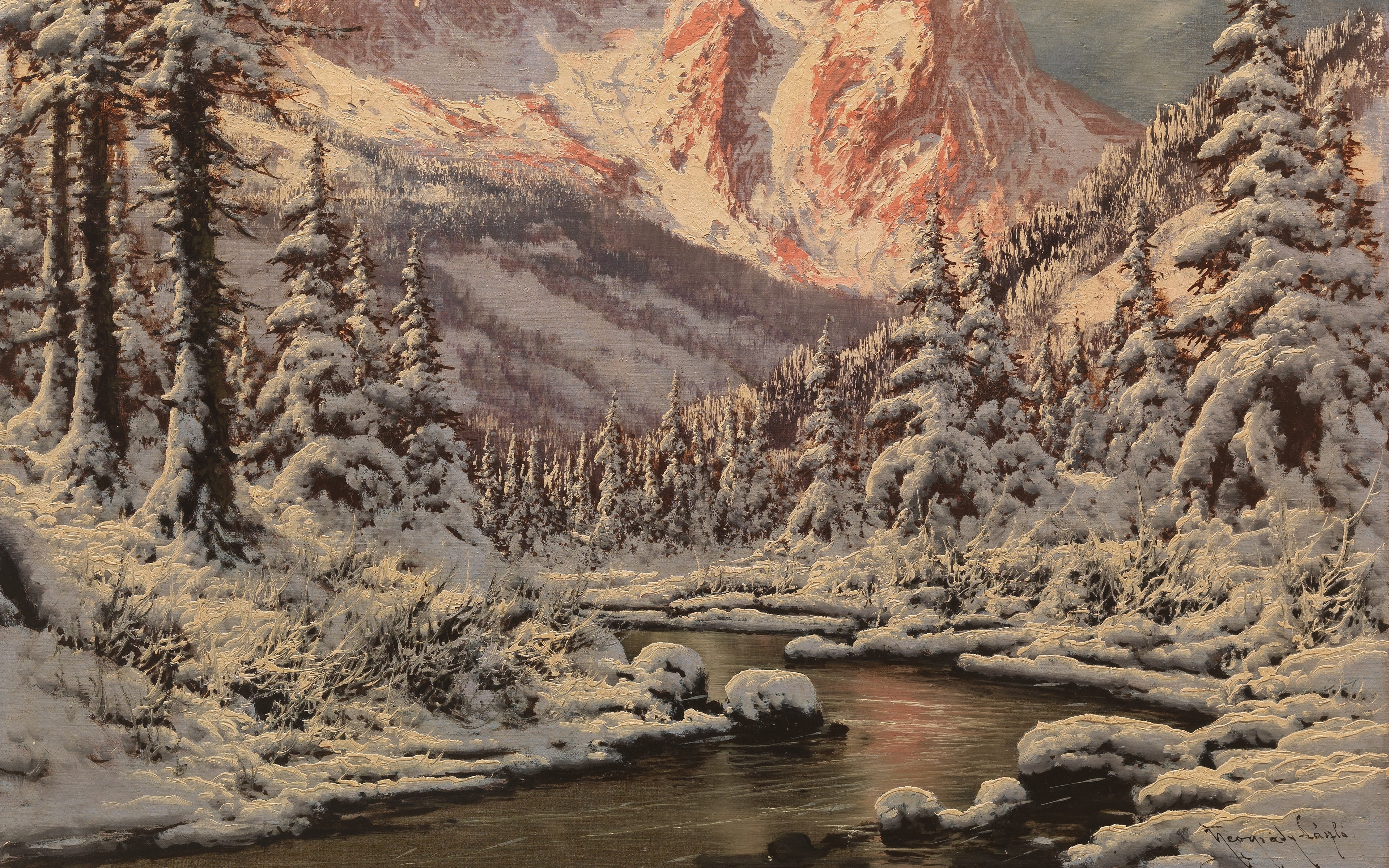Laszlo Neogrady, Winter landscape with sunset over the mountain and the river, 4K, vengerskii painter, Winter landscape with sunset mountains and a river, HD Wallpaper