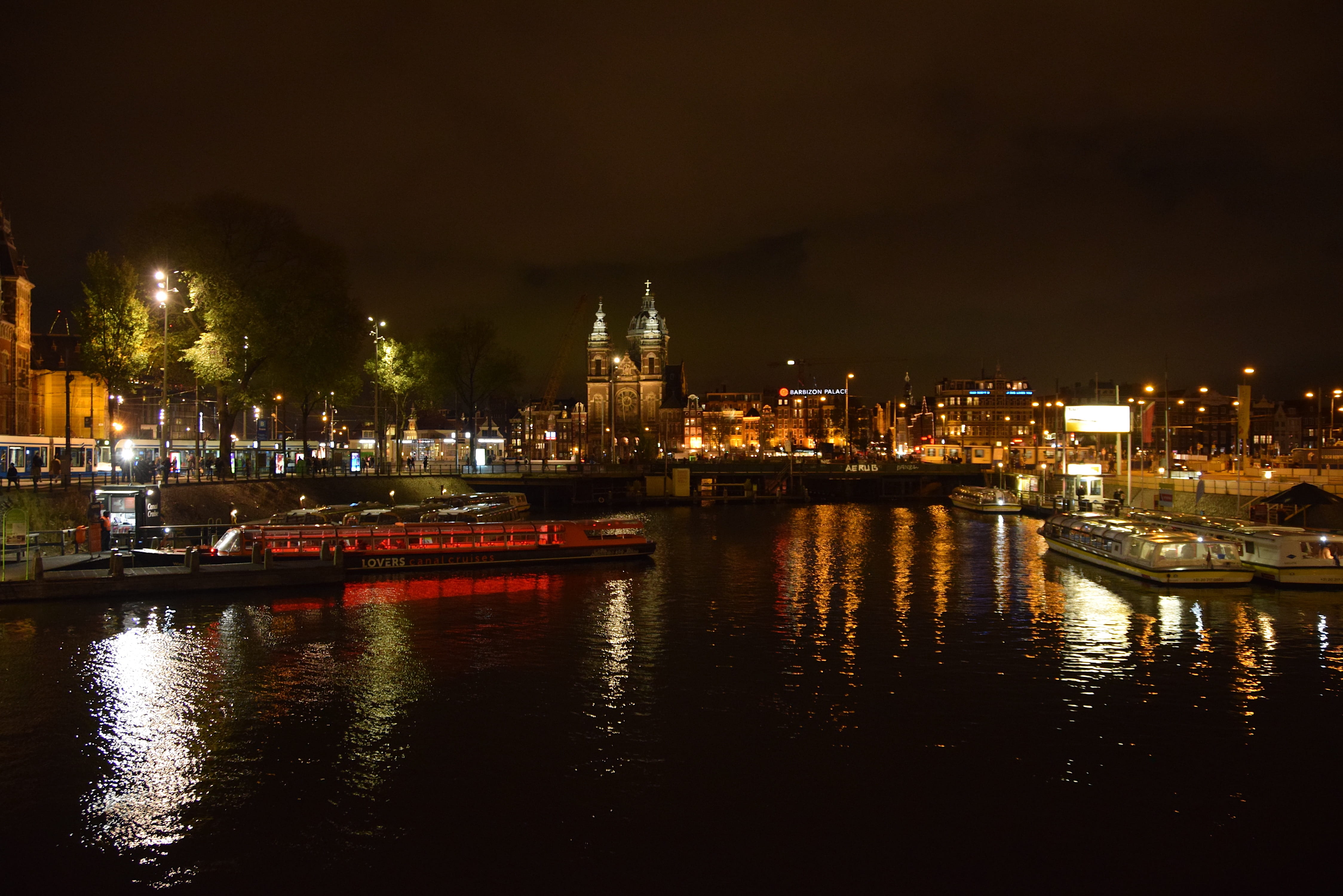 reflection, channel, railway station, water, night, shining, sky, mode of transportation, building exterior, atmosphere, bridges, amsterdam, rays, skyscraper, HD Wallpaper