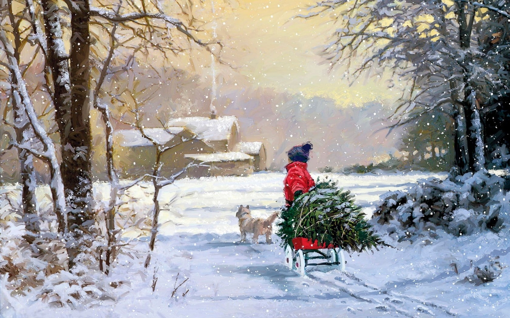 Christmas, children, artwork, cottage, 720P, pet, winter, holiday, painting, snow, HD Wallpaper