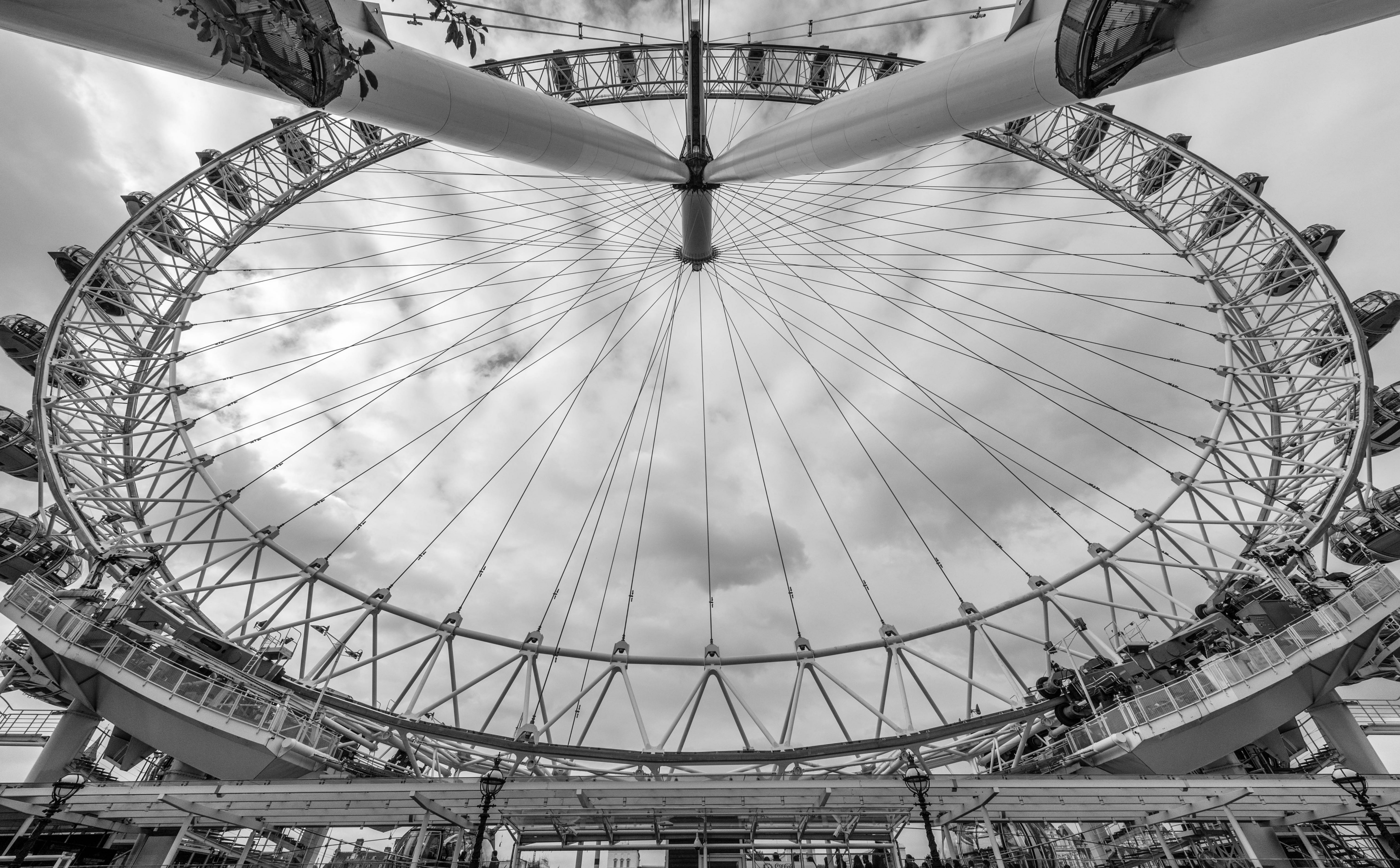day, blackandwhite, visit, unitedkingdom, arts culture and entertainment, geometric shape, amusement park ride, londoneye, outdoors, city, cloud - sky, HD Wallpaper