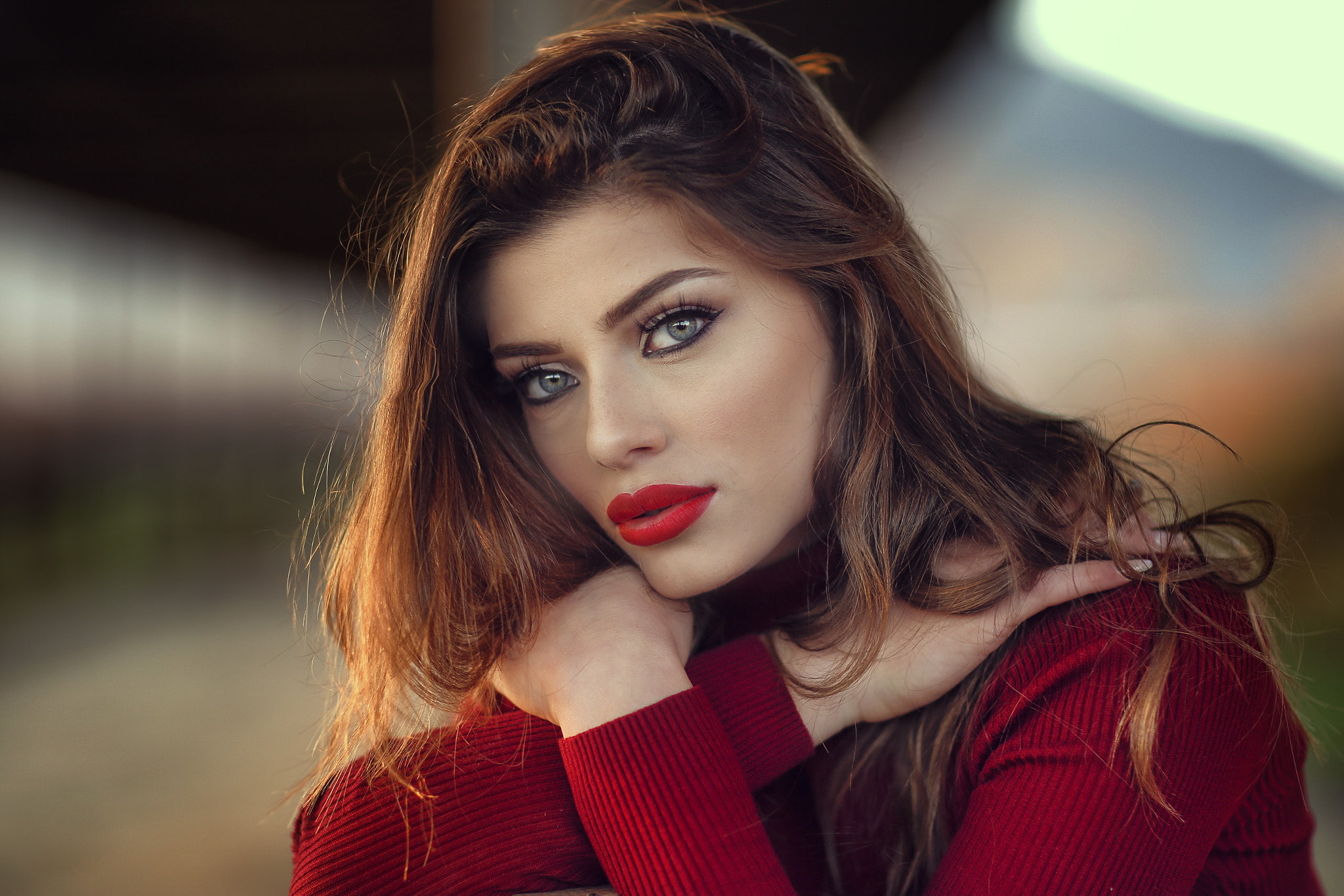 women, brunette, bokeh, women outdoors, red lipstick, eyeshadow, long hair, face, blue eyes, portrait, sweater, 1080P, Margherita Sicignano, Alessandro, HD Wallpaper