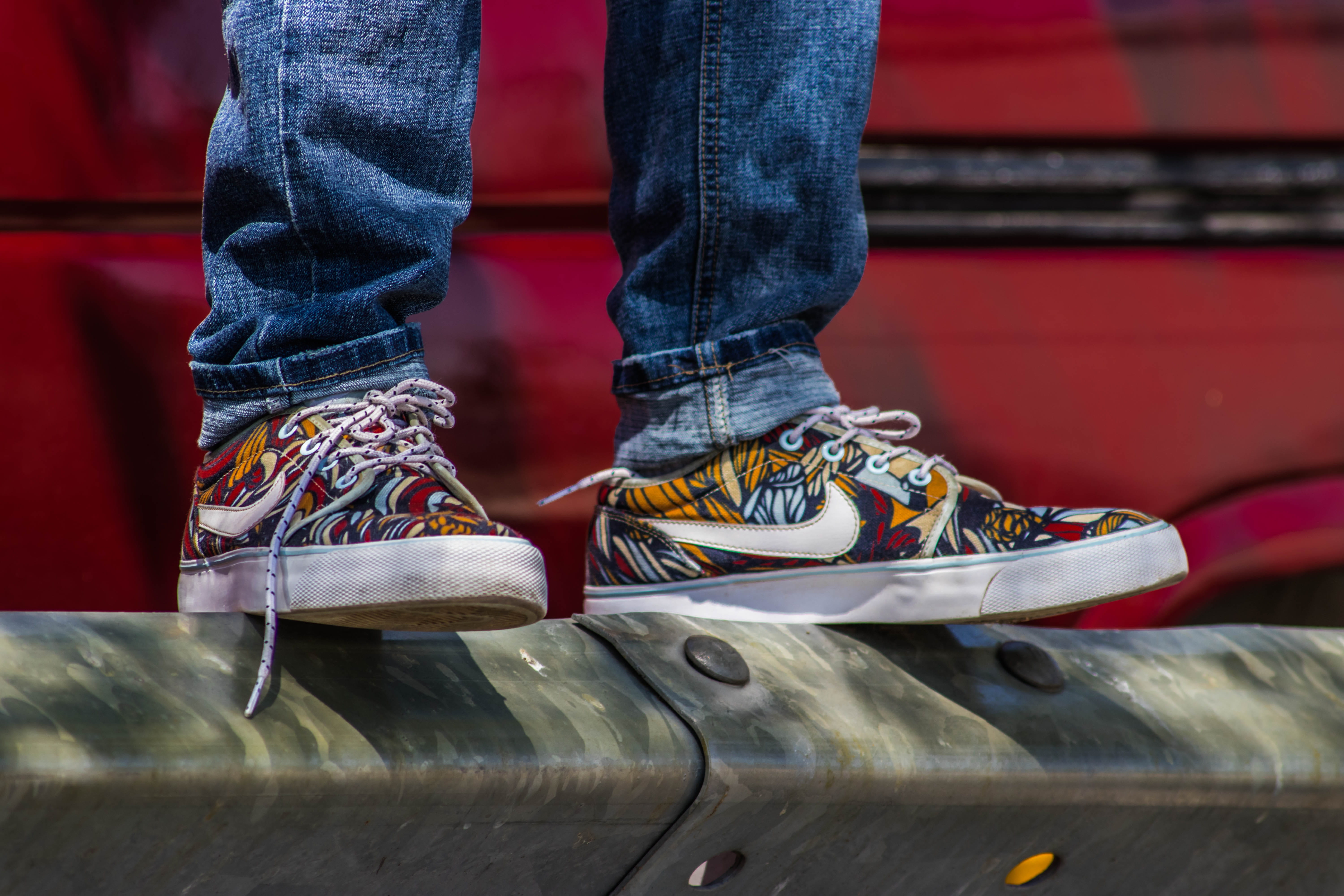 pair, real people, shoes, daylight, blue jeans, metal rail, rubber shoes, casual clothing, human limb, person, jeans, leisure activity, lifestyles, 5K, HD Wallpaper