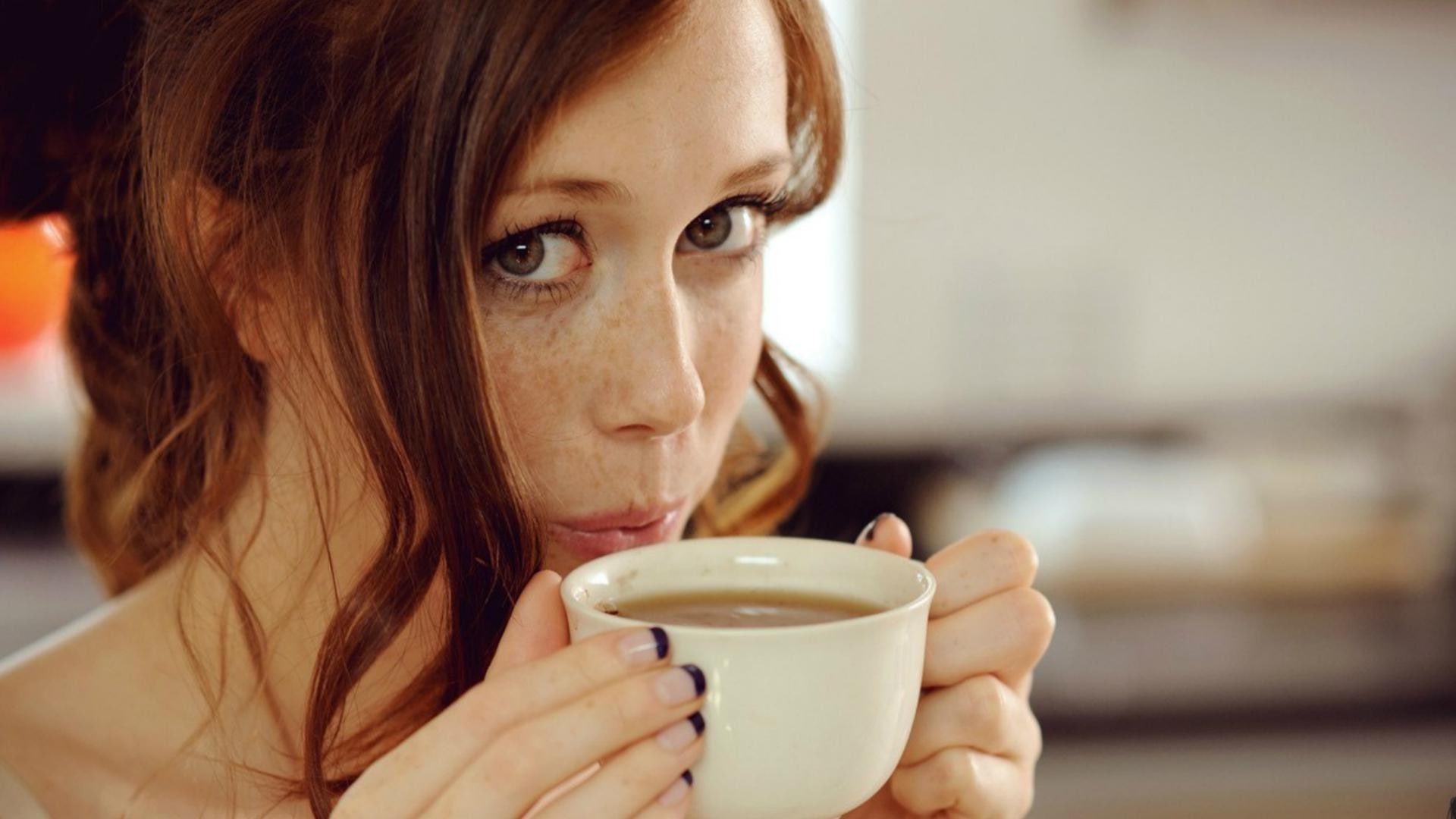 model, coffee, Chad Suicide, Blow, 1080P, Depth Of Field, Charlotte Herbert, Freckles, Looking At Viewer, blue eyes, redhead, drink, portrait, women, Long Hair, HD Wallpaper
