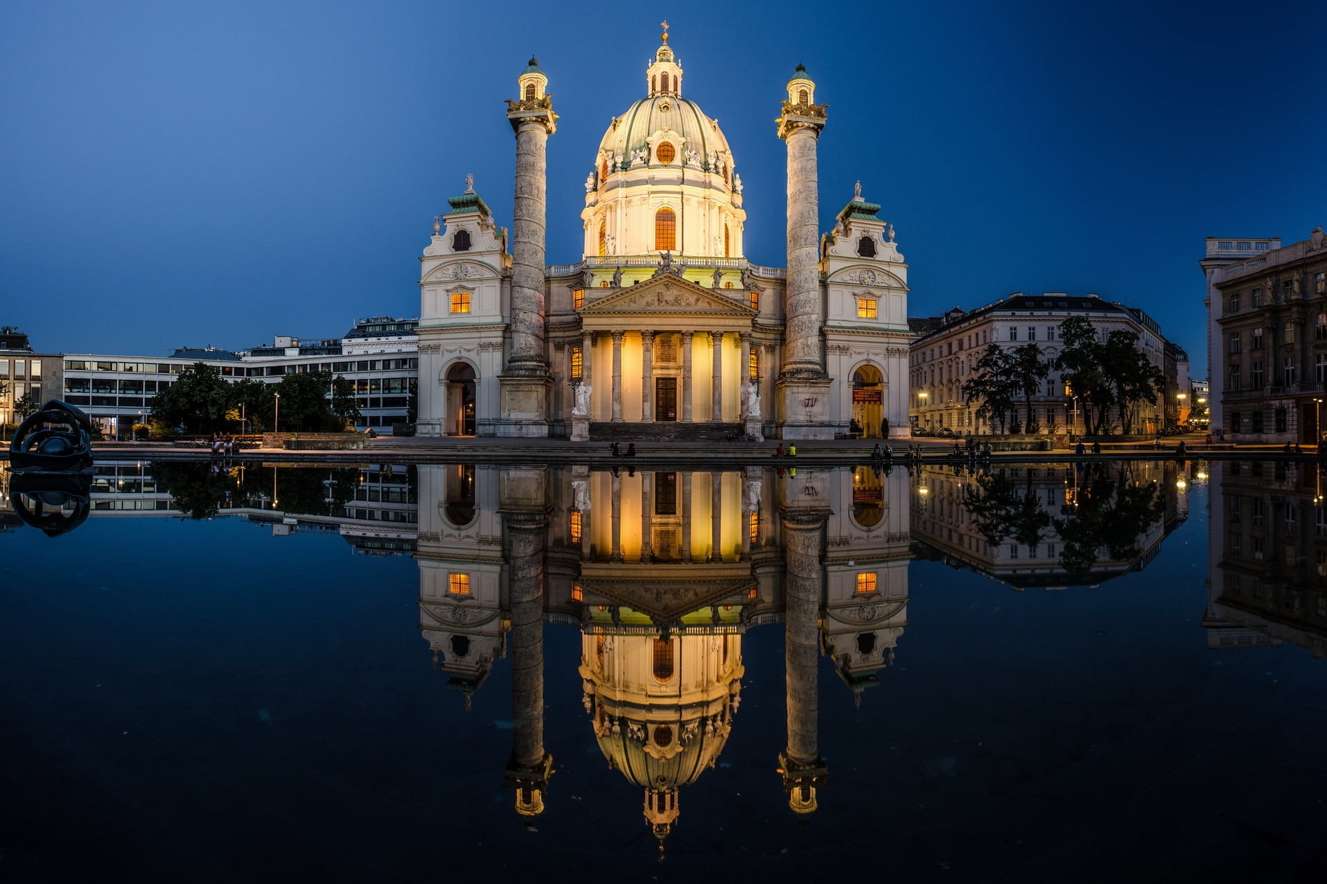 1080P, twilight, wiener, tourism, building, reflection, city, sky, building Exterior, the past, lake, spirituality, ornate, nature, urban Scene, sunset, HD Wallpaper