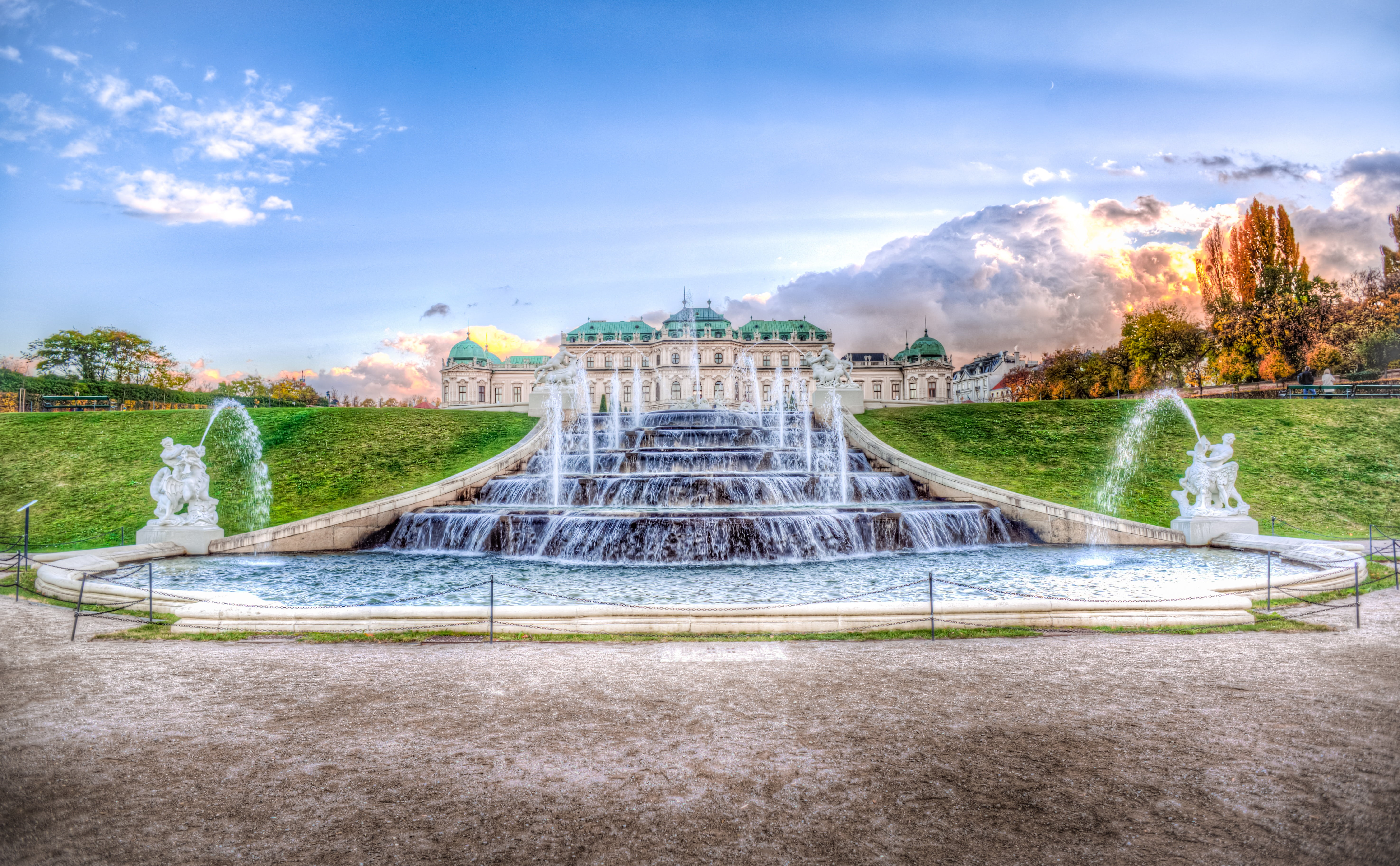 architecture, european, exterior, green, travel, day, park, tourism, swimming pool, capital, formal garden, monument, nature, ornamental garden, cloud - sky, HD Wallpaper