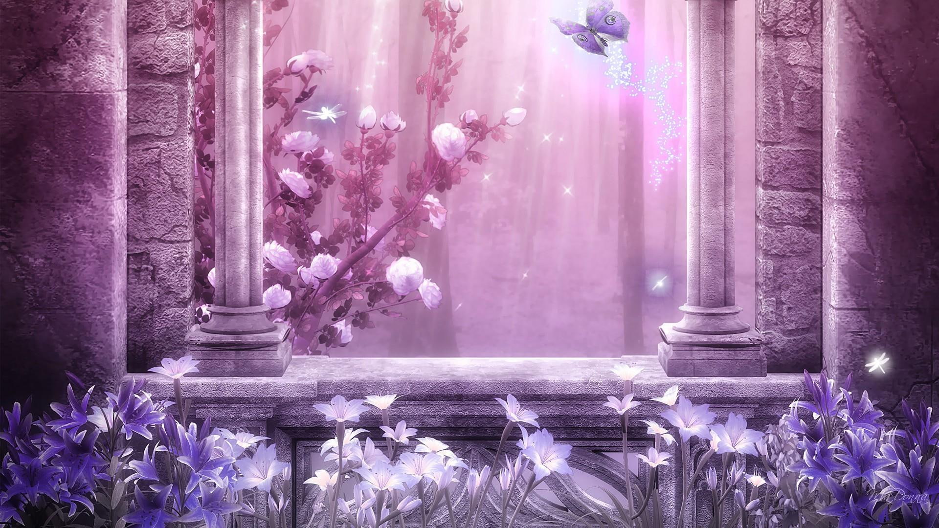 fantasy, 1080P, mystic, curtain, light, butterfly, roses, pink, lavender, columns, window, lily, flowers, mystical, HD Wallpaper