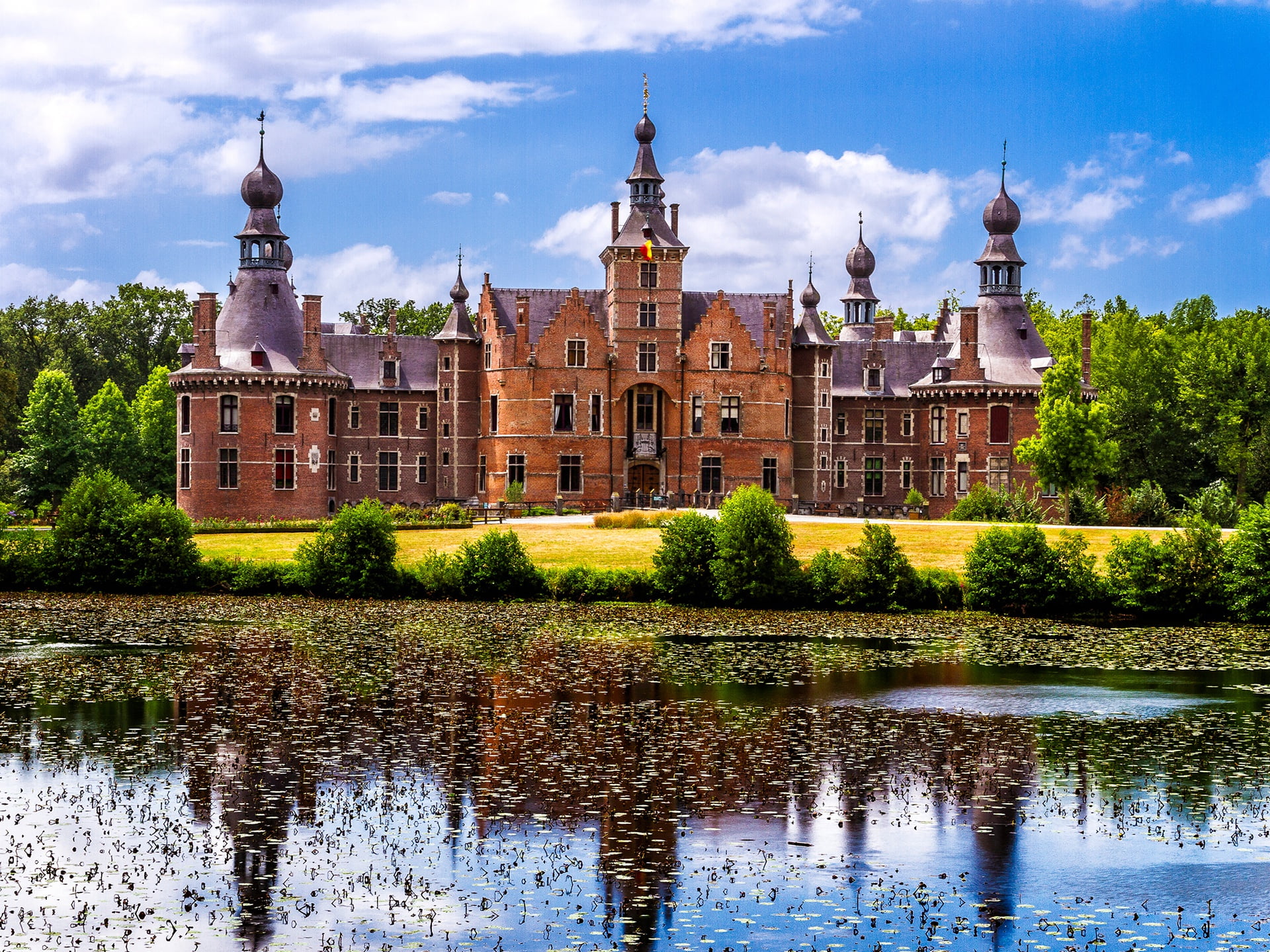 the sky, Belgium, clouds, the sun, 1080P, pond, Kasteel van Ooidonk, castle, trees, Ghent, HD Wallpaper