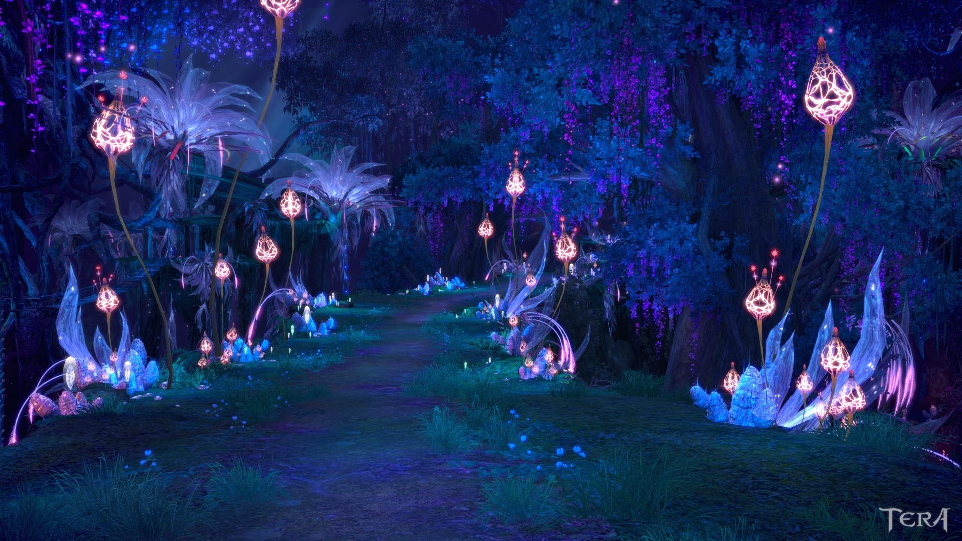tera, light, 1080P, flowers, mystic, glow, trees, wood, games, woods, HD Wallpaper
