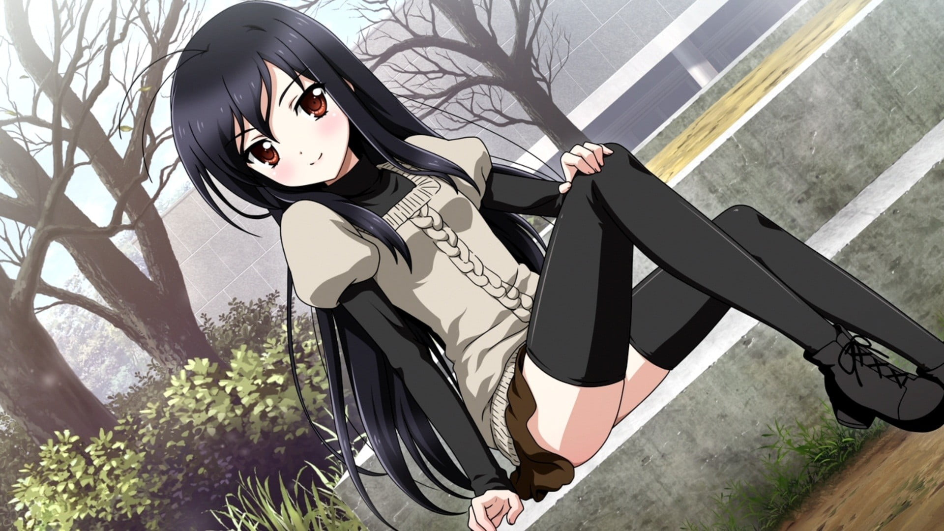 Kuroyukihime, full length, world, women, Accel World, young women, high angle view, young adult, sitting, 1080P, shoe, sunlight, anime, one person, character, HD Wallpaper