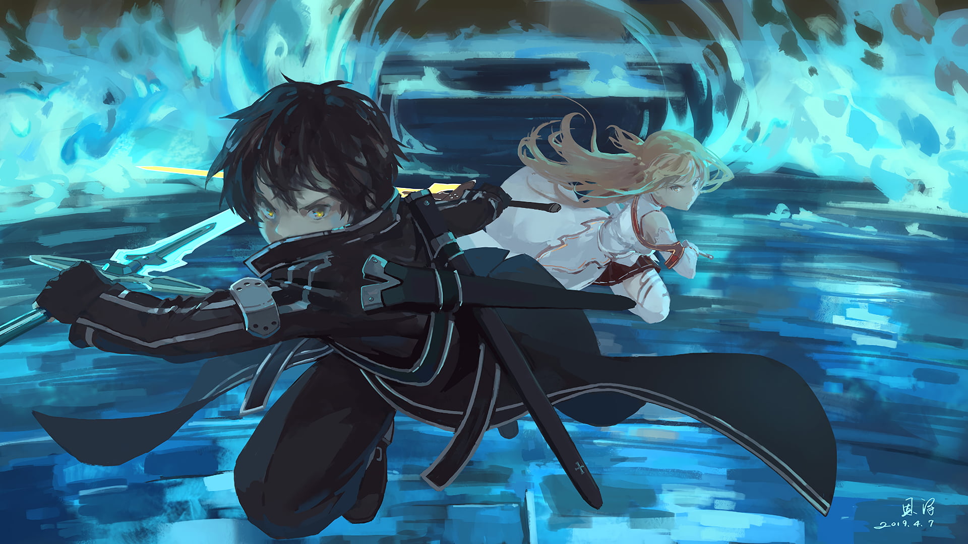 Sword, Black Hair, Kirito (Sword Art Online), Asuna Yuuki, Sword Art Online, Blonde, 1080P, HD Wallpaper