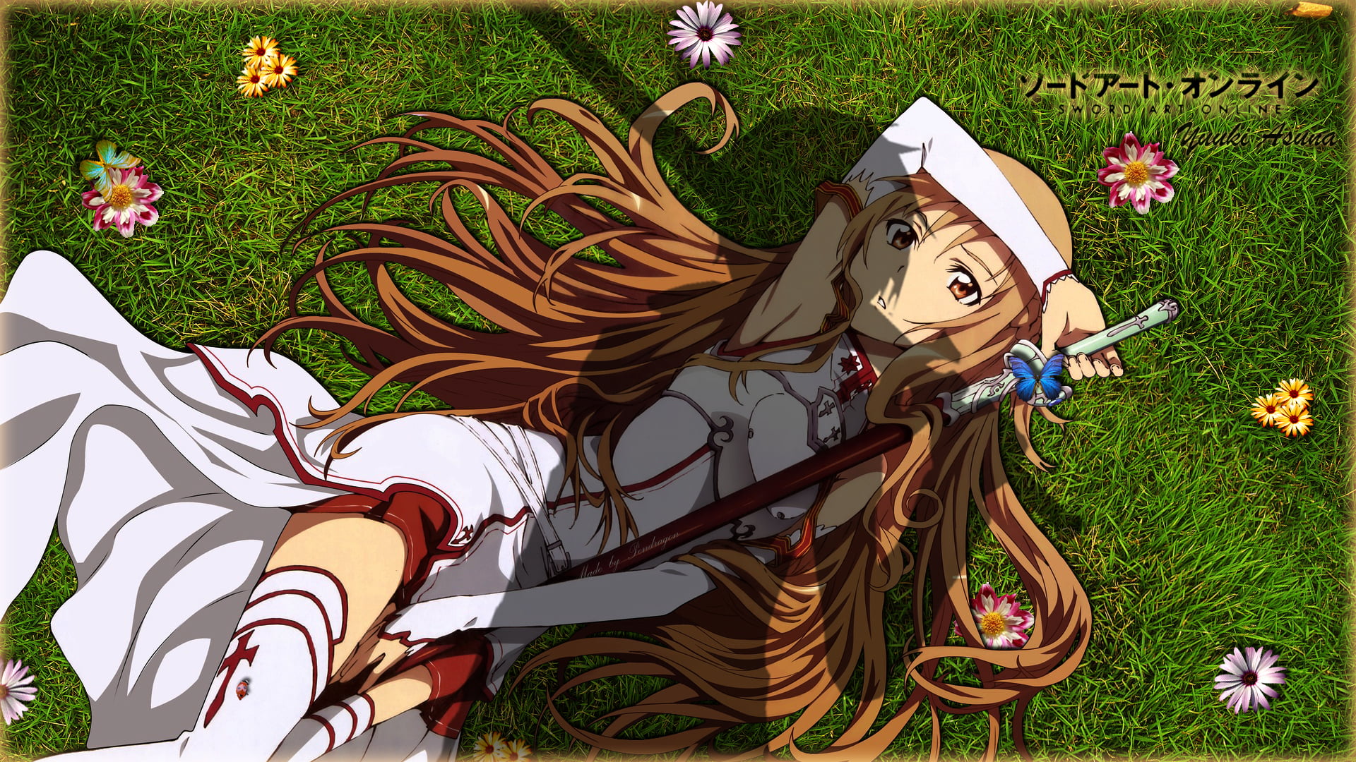 flower, sword, field, sao, vector, green color, pattern, craft, leaf, 1080P, floral pattern, illustration, azuna, tree, girl, online, flowers, HD Wallpaper