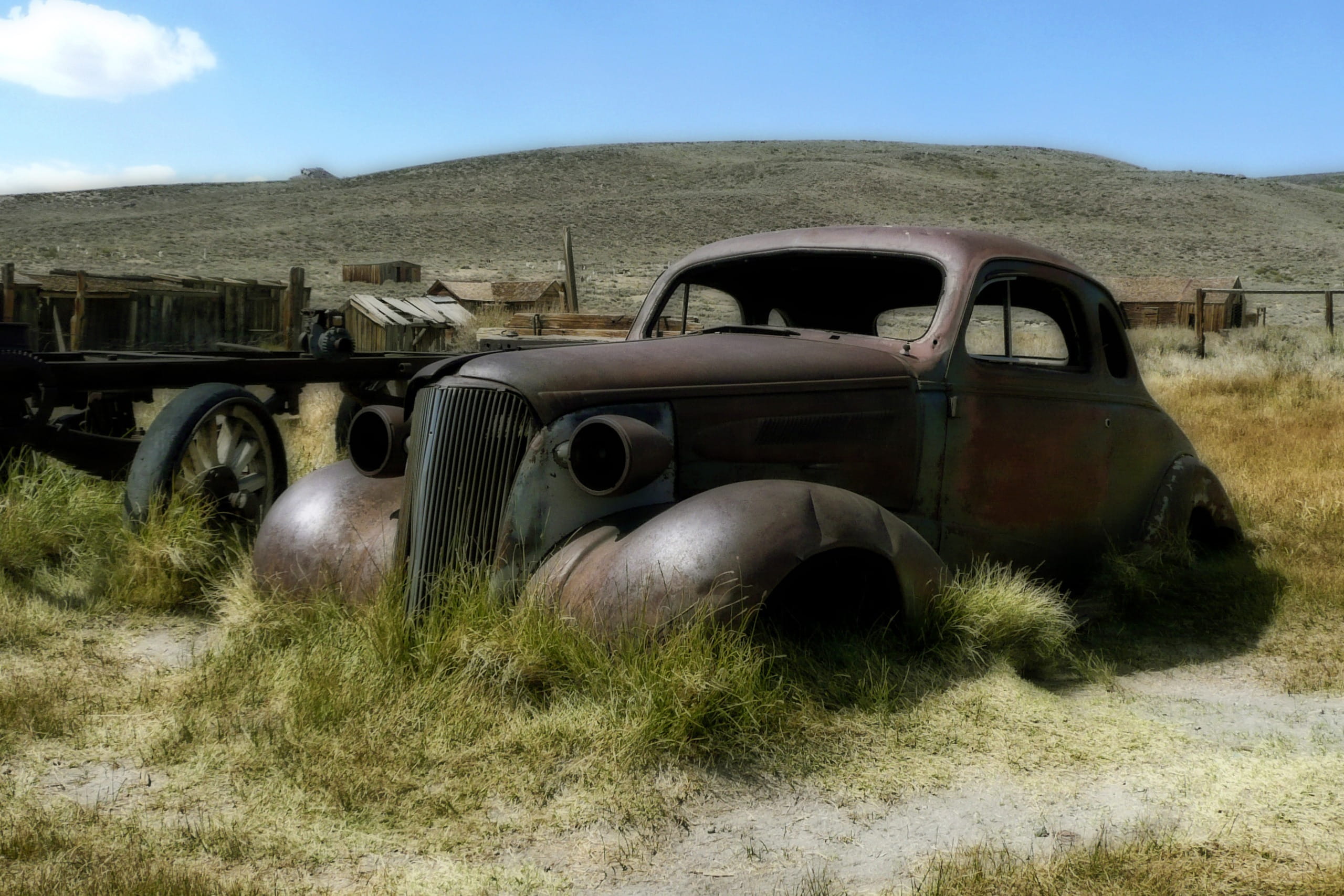 outdoors, photo, mode of transportation, day, green, land vehicle, transportation, abandoned, motor vehicle, grass, called orton effect, ghost town, bodie, HD Wallpaper