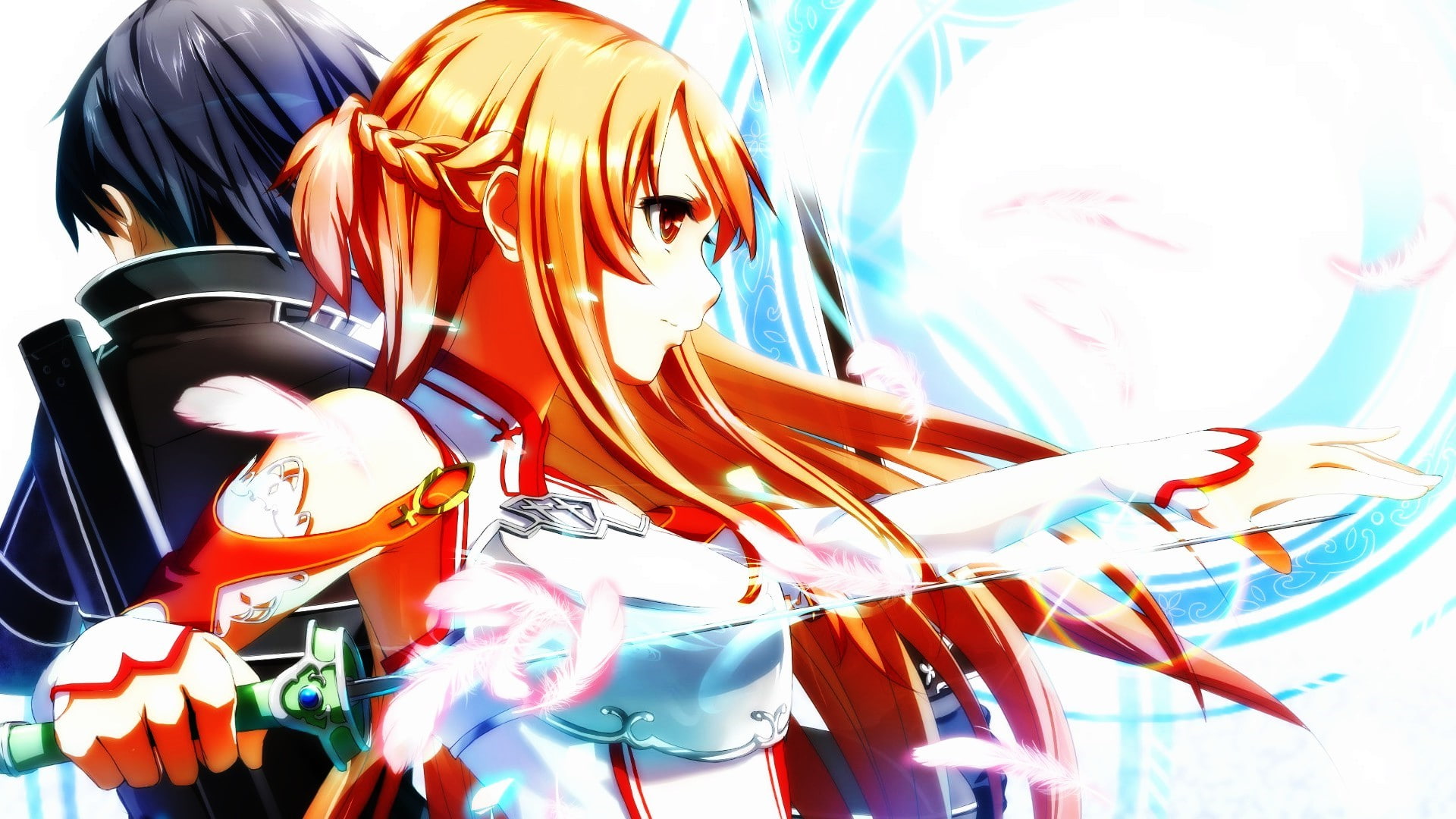 still life, mask, event, sword art online kirigaya kazuto yuuki asuna orange hair anime girls sword artwork orton effect, representation, multi colored, HD Wallpaper