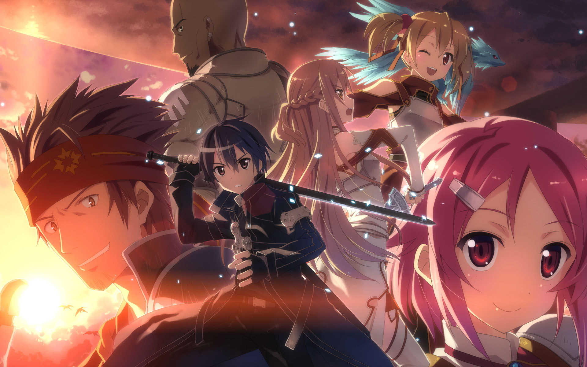short hair, bandana, long hair, sword, 1080P, yuuki asuna, agil, small, two tails, sword art online, pink hair, red eyes, weapons, wink, black hair, kirito, HD Wallpaper