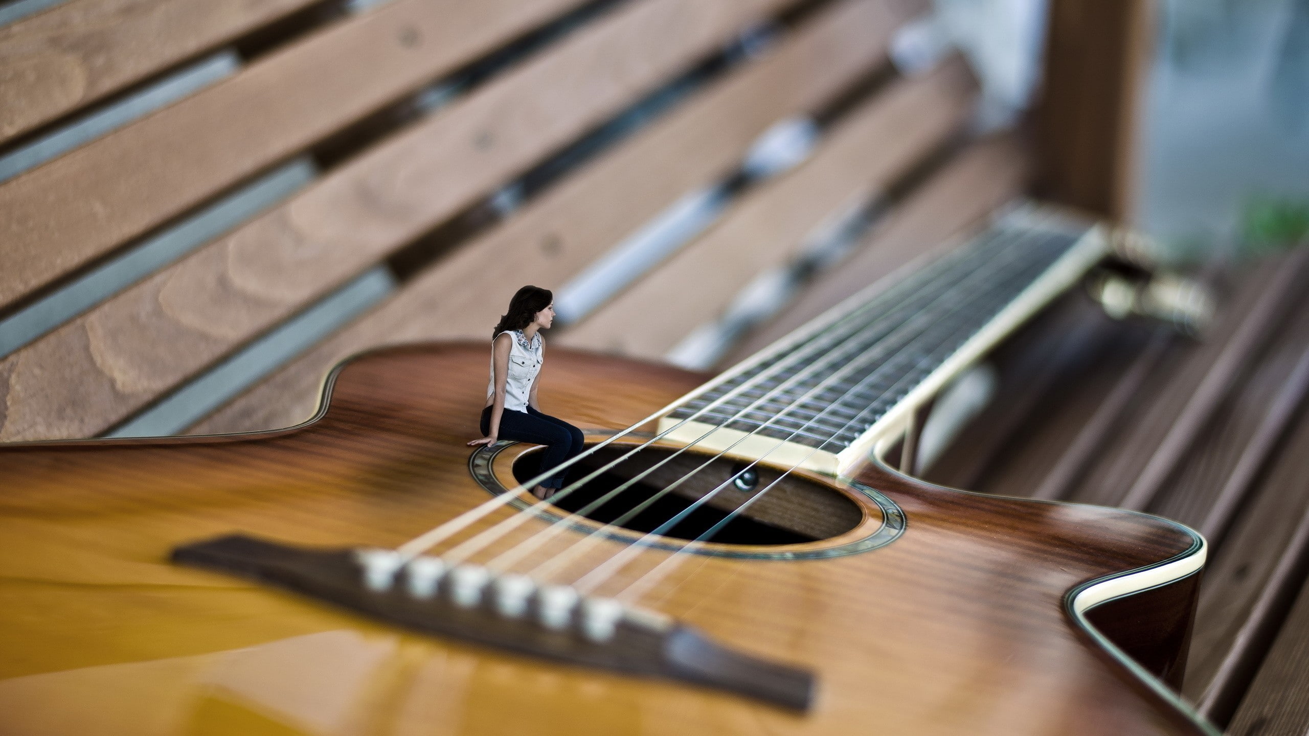 away, wood, series, manipulation, Wooden Surface, guitar, entertainment, Shirt, looking, planks, tv, field, phot, Photoshop, hd, depth of field, Jeans, HD Wallpaper