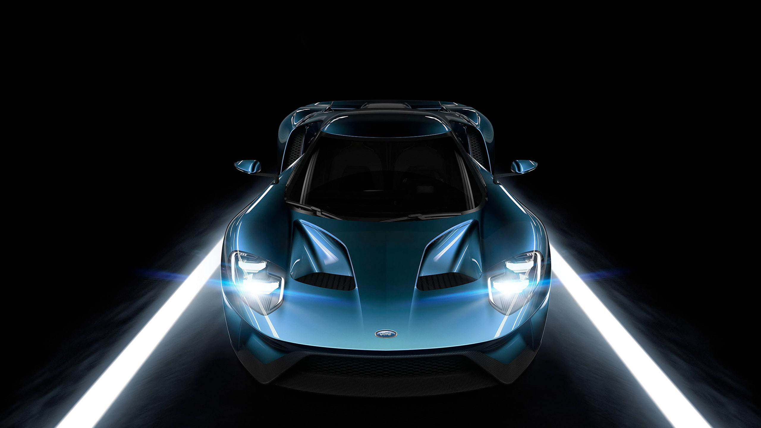 2K, illuminated, studio shot, no people, 2560x1440 px, black background, GT, fuel and power generation, electric lamp, reflection, blue, car, Ford, household equipment, HD Wallpaper