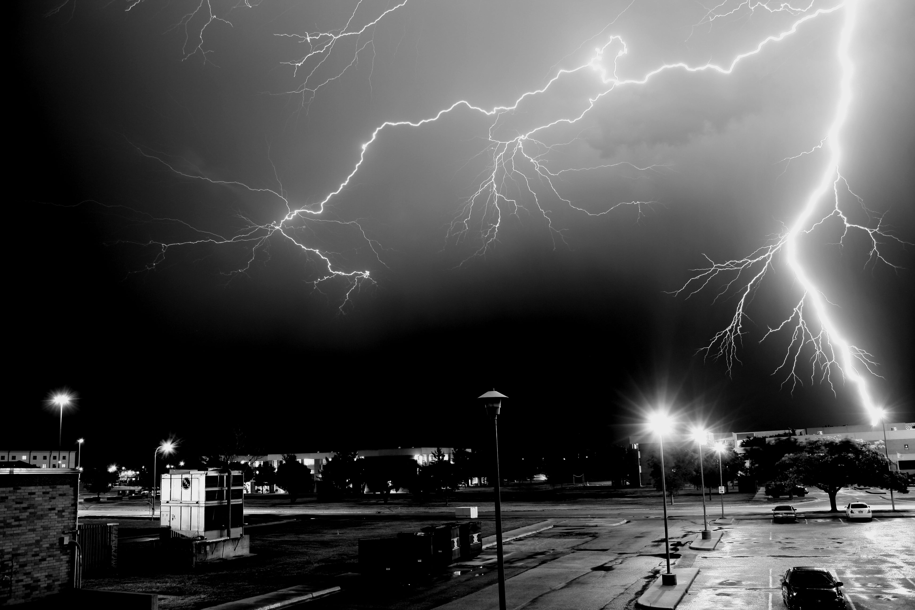 extreme weather, night, spooky, no people, horror, thunderstorm, urban Scene, street, lightning, illuminated, black And White, lighting Equipment, city, HD Wallpaper