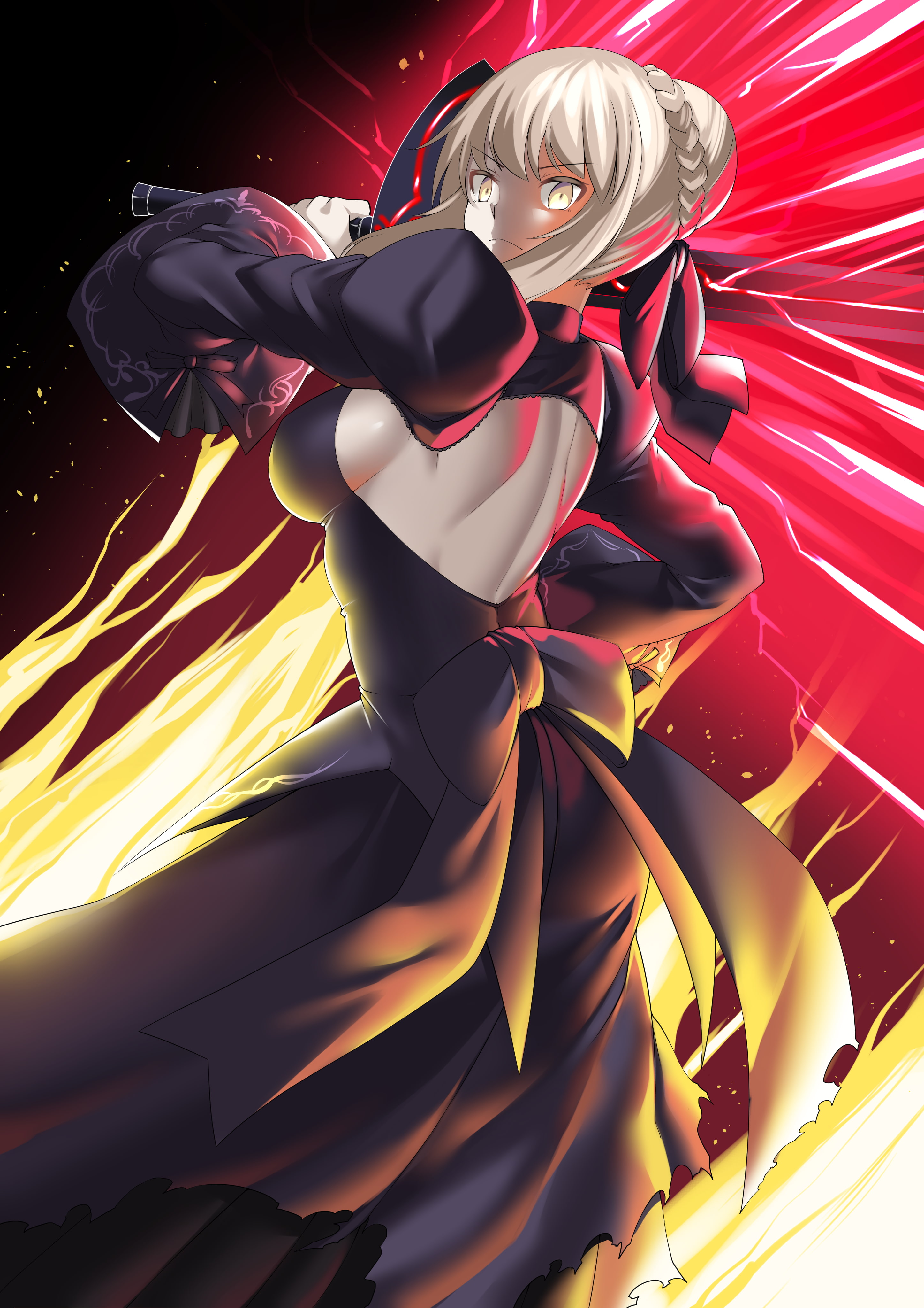hairstyle, red, women, young women, adult, hair, beautiful people, beautiful woman, one person, fashion, black dress, dress, studio shot, Saber Alter, sword, Phone HD Wallpaper