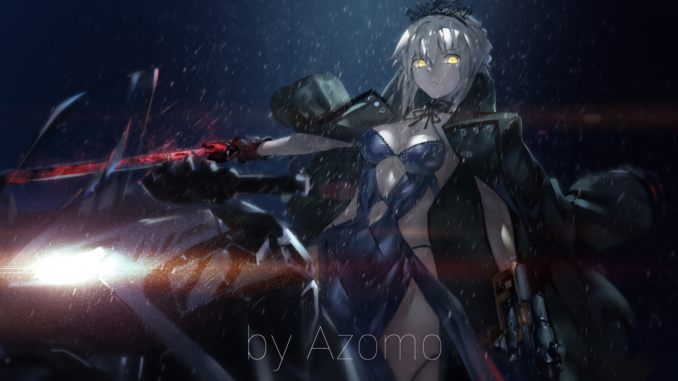 FateGrand Order, cleavage, Saber Alter, sword, 2K, avamone, white hair, Saber, HD Wallpaper