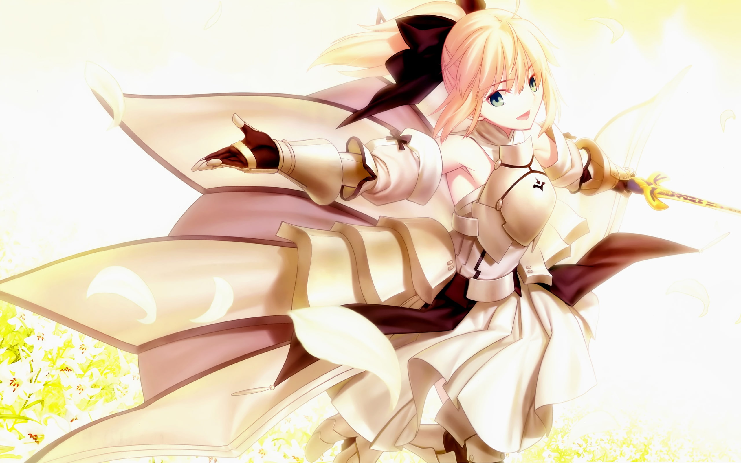 bow, dress, blonde, fate, codes, weapon, unlimited, 2K, hair, ponytail, lily, armor, saber, stay, night, HD Wallpaper