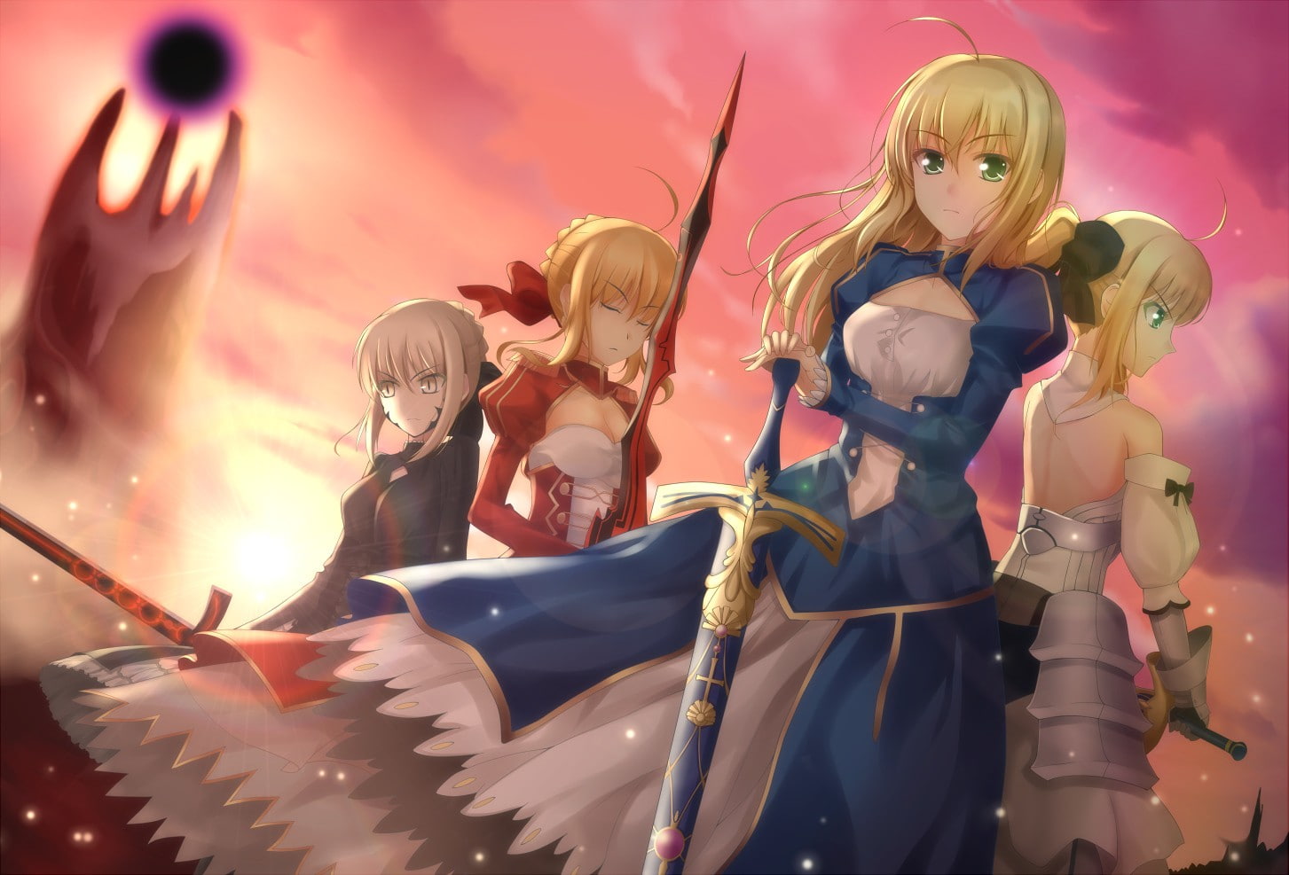 ornaments, closed, series, dress, lily, eyes, green, hair, alter, fate, yellow, fate stay, extra, ribbons, blondes, saber, codes, unlimited, swords, night, HD Wallpaper