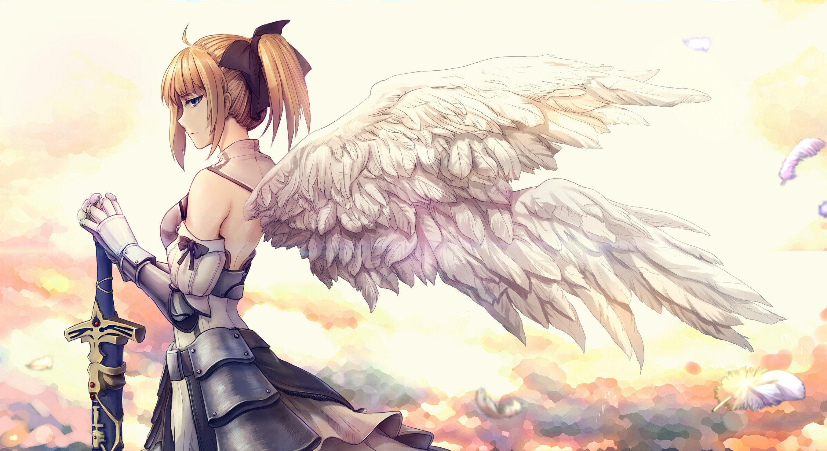 weapon, hair, sword, wings, blonde, lily, dress, blue, feathers, unlimited, codes, fate, eyes, armor, aoiakamaou, 2K, saber, ponytail, HD Wallpaper