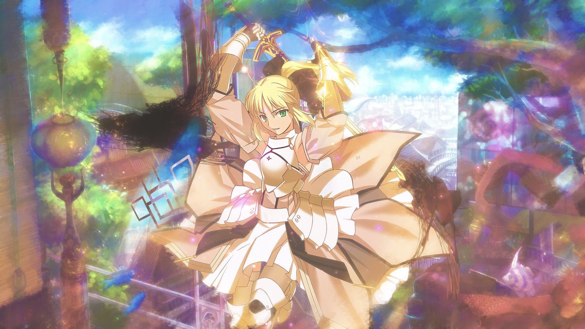 type moon, eyes, weapons, girls, night, codes, series, green, 1080P, anime, saber, blondes, swords, fate, unlimited, armor, lily, HD Wallpaper