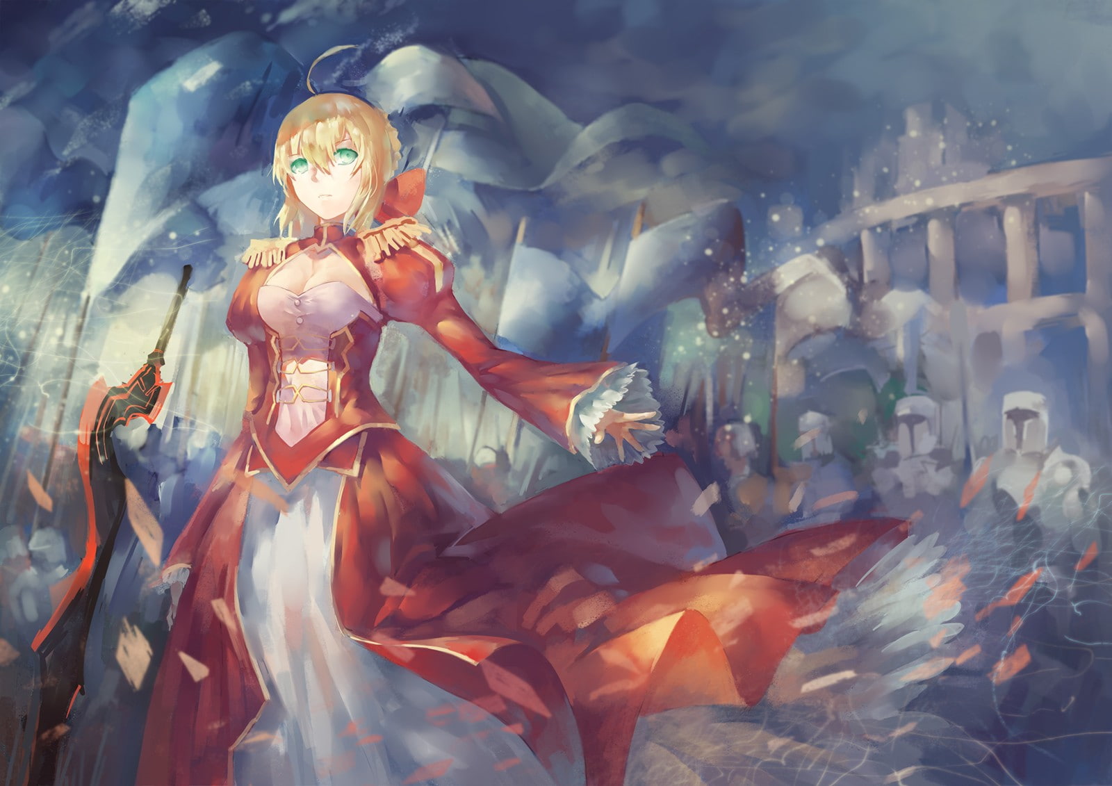 Fate/Grand Order, no people, illuminated, Saber Extra, statue, indoors, female likeness, sculpture, event, spirituality, night, belief, festival, Fate Series, HD Wallpaper