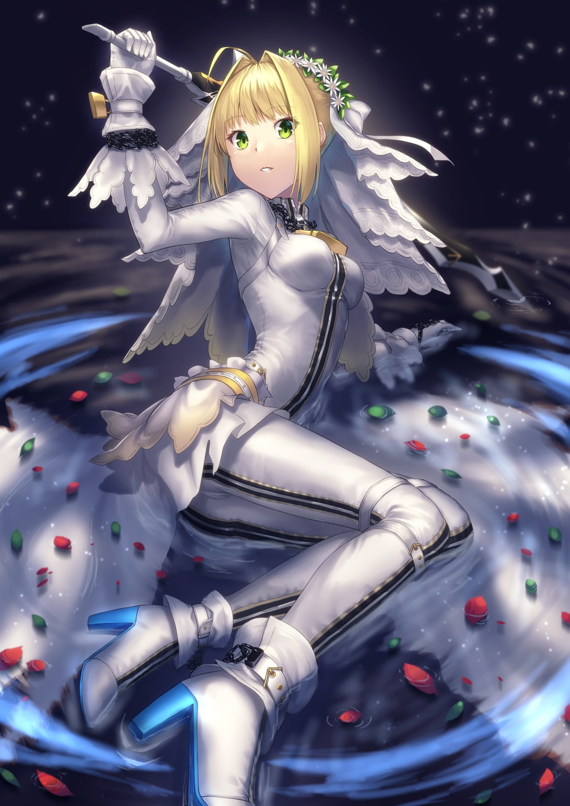 blond hair, Fate/Extra CCC, wet, 2K, Fate/Stay Night, bodysuit, representation, portrait, anime, anime girls, Saber Bride, illuminated, sword, robot, studio shot, Phone HD Wallpaper