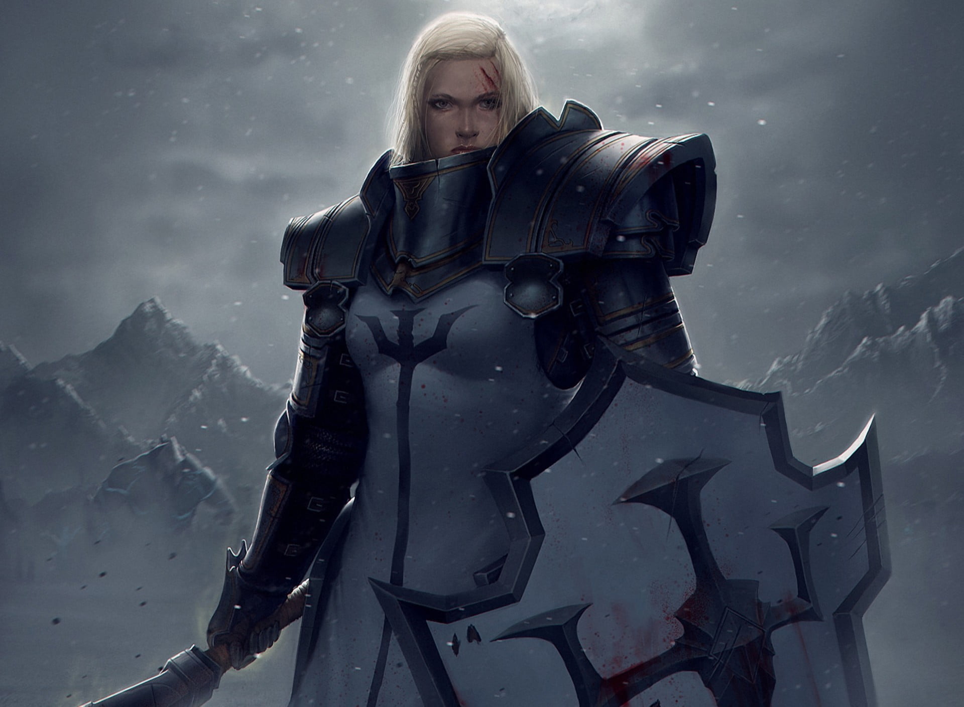 winter, blood, nature, looking at camera, mountains, clothing, snow, cloud - sky, holding, armor, three quarter length, diablo, girl, one person, females, HD Wallpaper