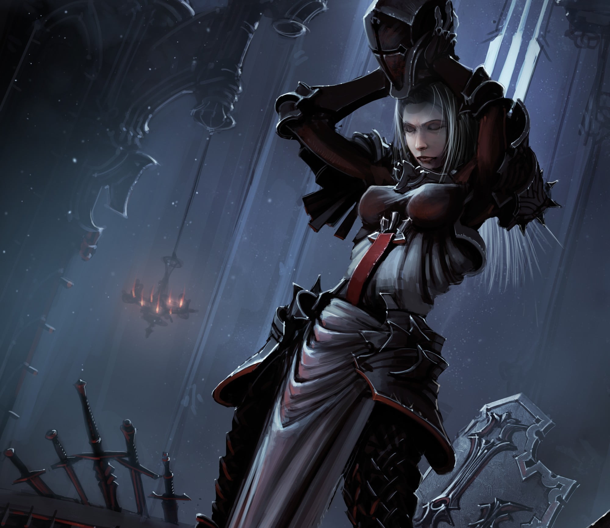 male likeness, Diablo III, no People, statue, built structure, temple, blue, shield, helmet, creativity, fantasy, sculpture, female, night, 1080P, representation, HD Wallpaper