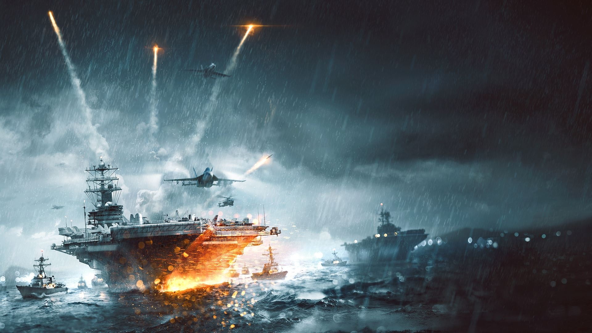water, aircraft carrier, motion, aggression, smoke - physical structure, burning, transportation, Battlefield 4, weapon, fire - natural phenomenon, mode of transportation, HD Wallpaper