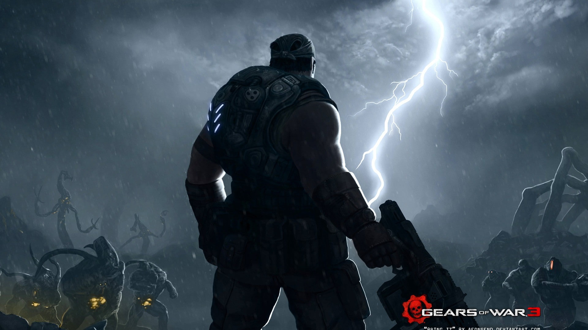 storm, video games, Gears of War 3, people, security, law, protection, special forces, activity, government, violence, standing, nature, 1080P, aggression, HD Wallpaper